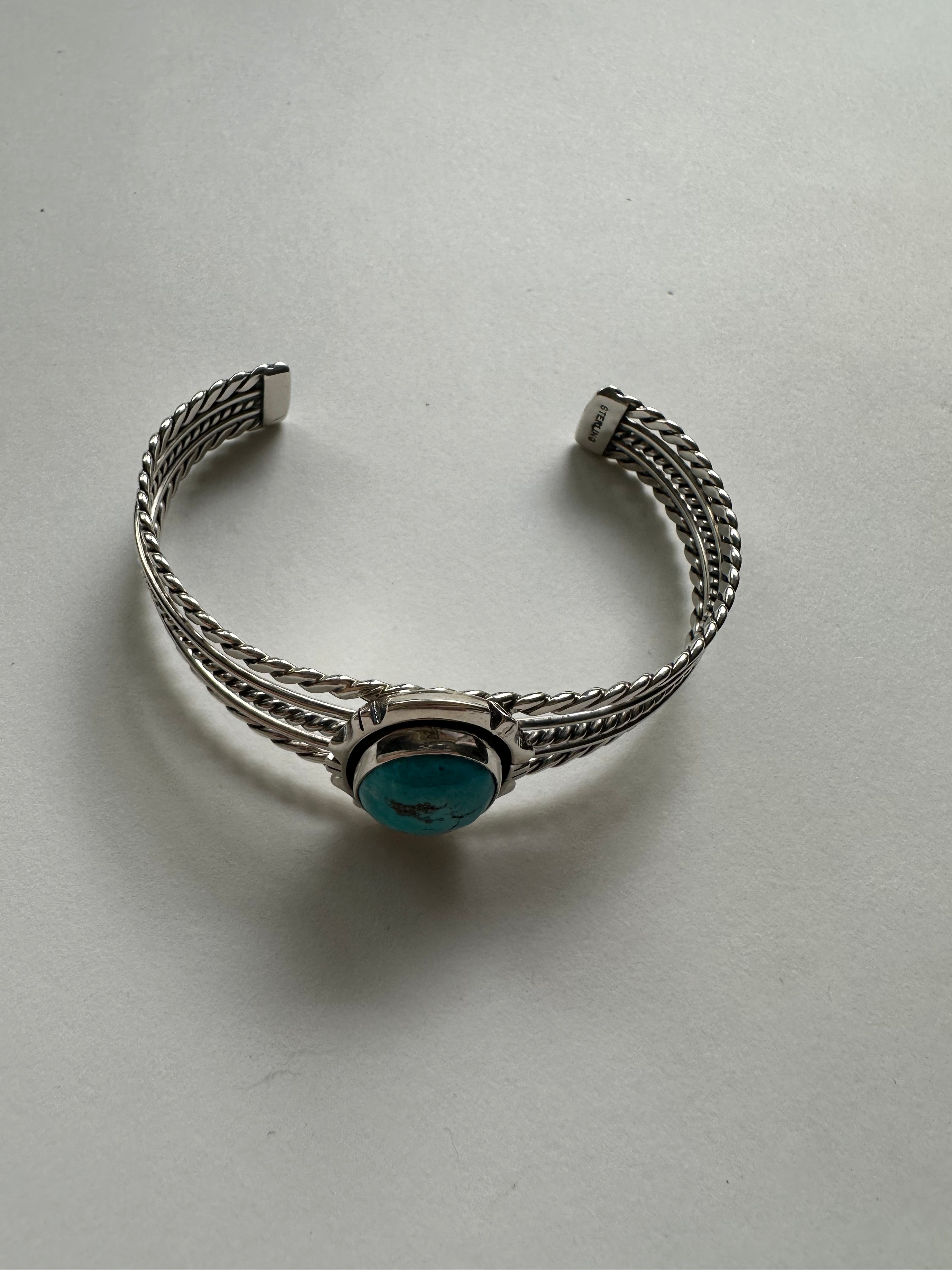 Navajo Single Stone Turquoise And Sterling Silver Adjustable Cuff Bracelet