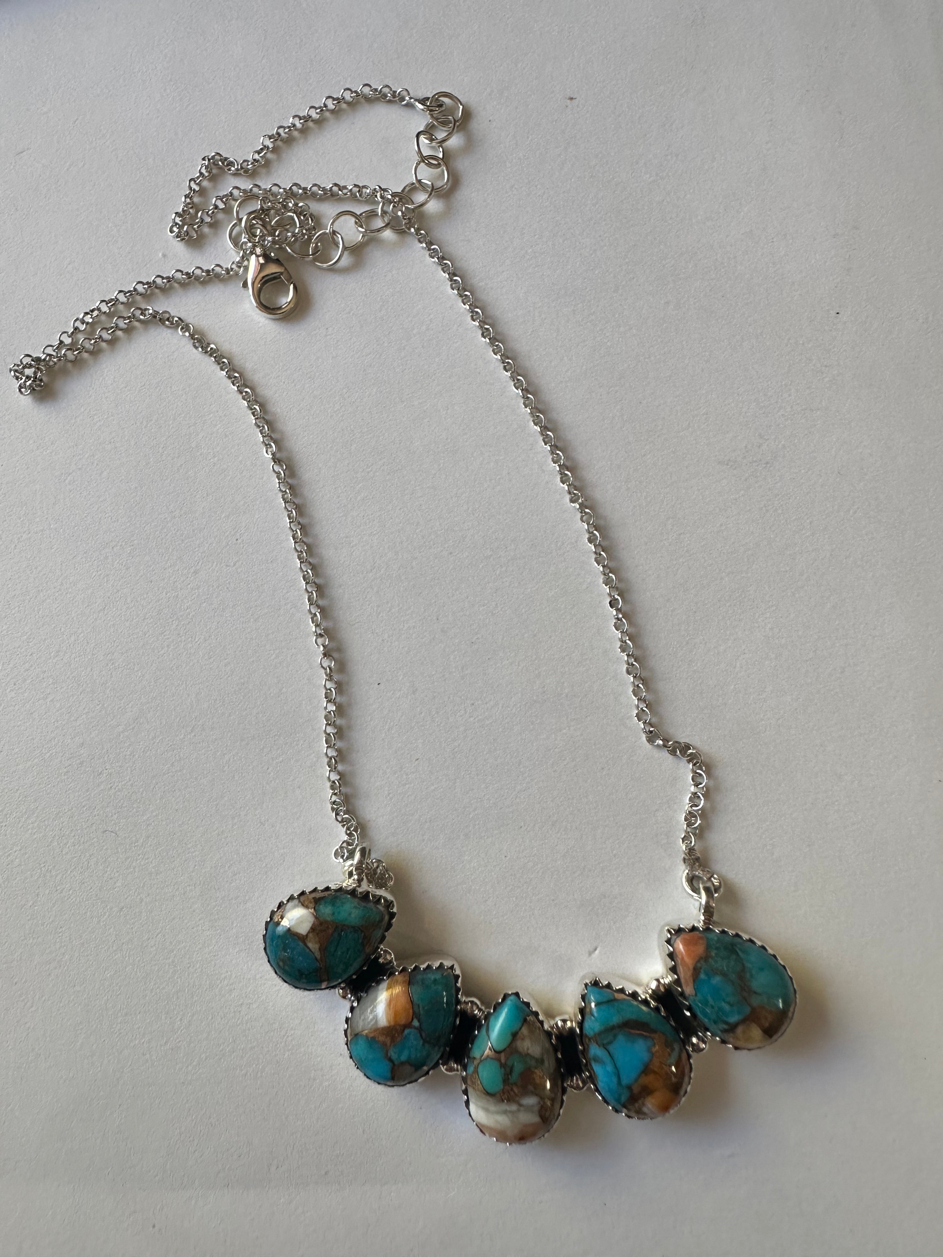 Handmade Sterling Silver & Blue Mojave 5 Stone Necklace