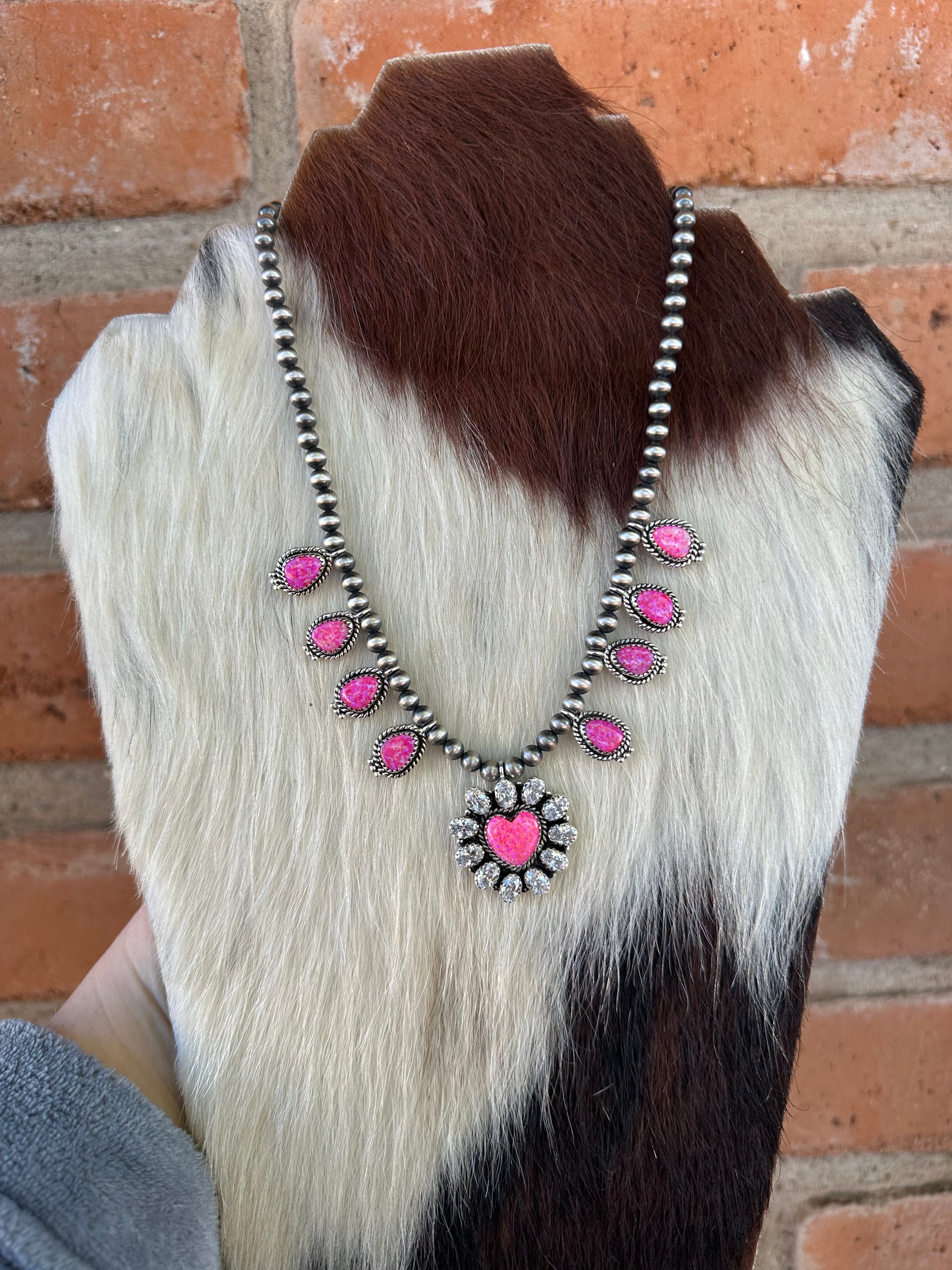 Handmade Barbie Pink Fire Opal, CZ & Sterling Silver Necklace