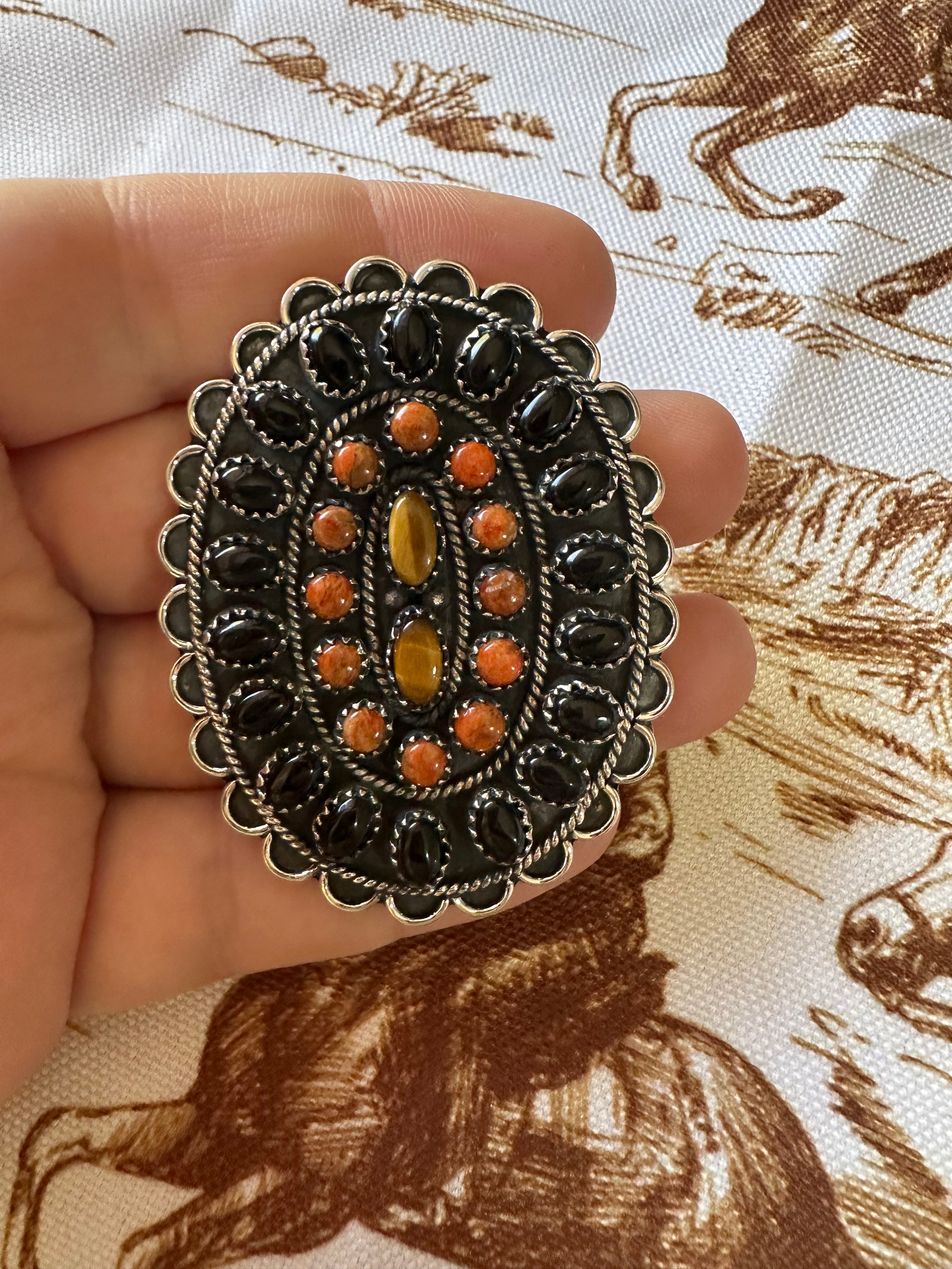 “Desert Roads” Handmade Black Onyx, Orange Mojave & Sterling Silver Adjustable Ring