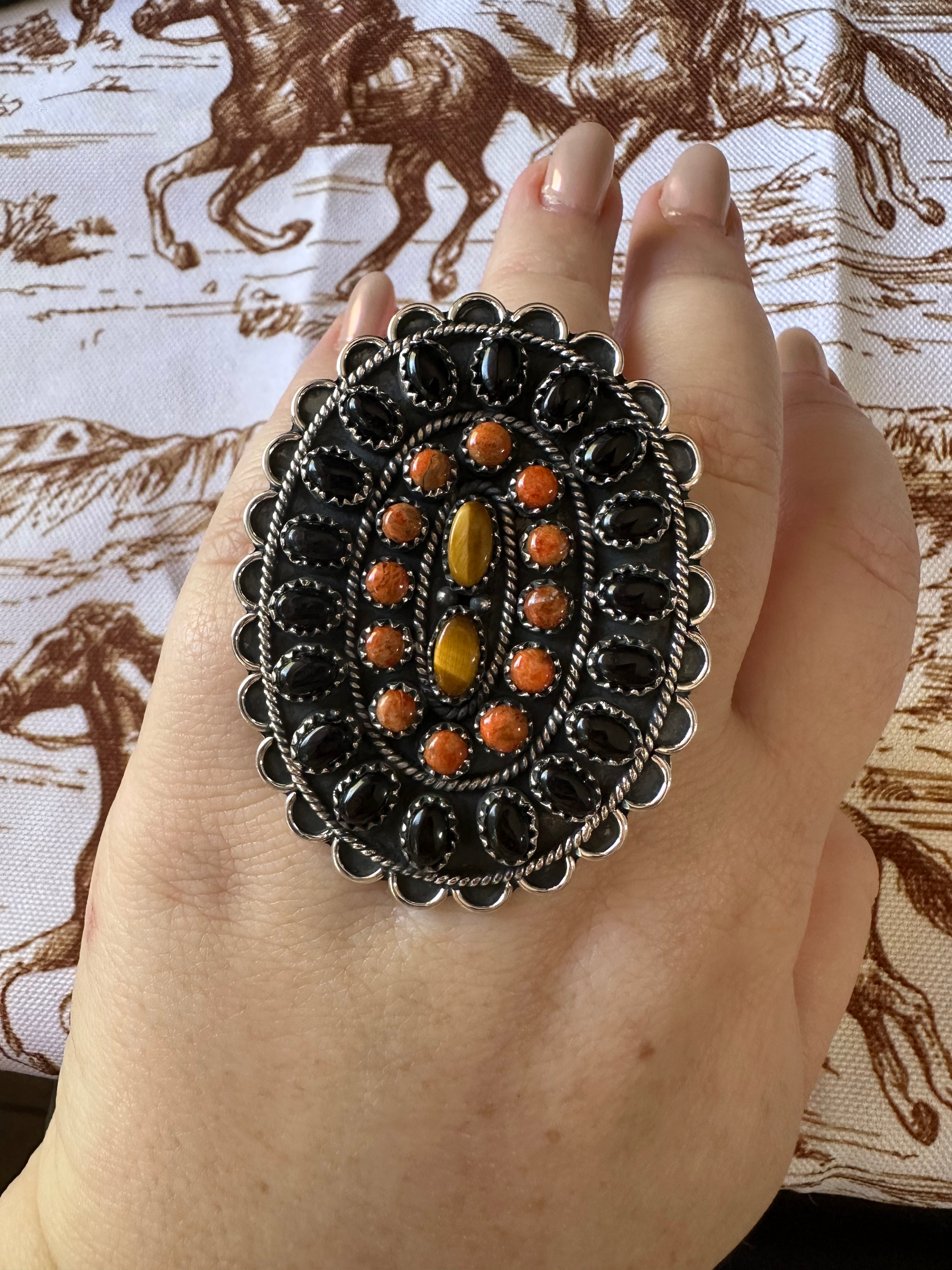 “Desert Roads” Handmade Black Onyx, Orange Mojave & Sterling Silver Adjustable Ring