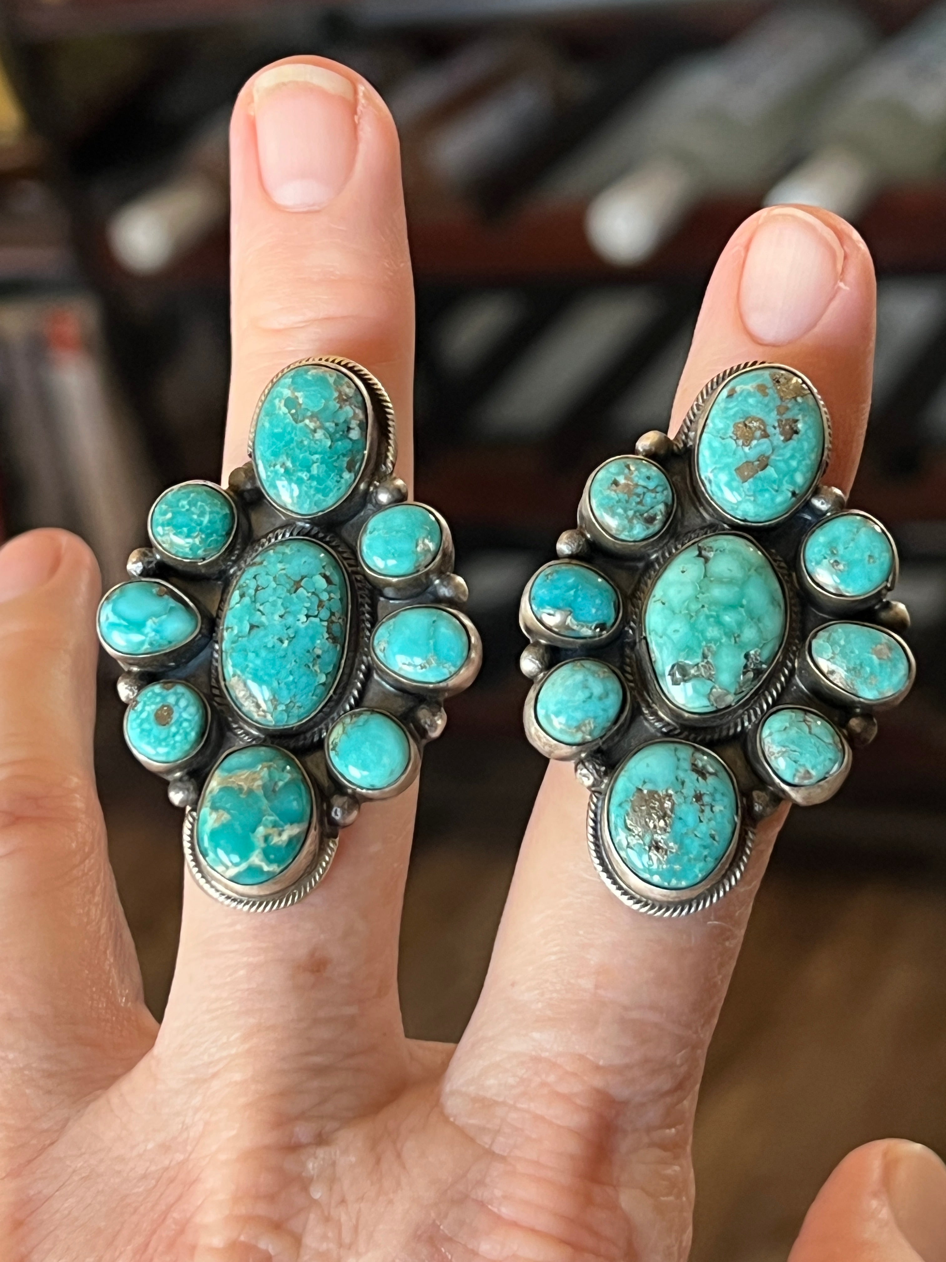 Handcrafted Sterling Silver and Natural Campitos Turquoise Cluster Rings by Sheila Becenti
