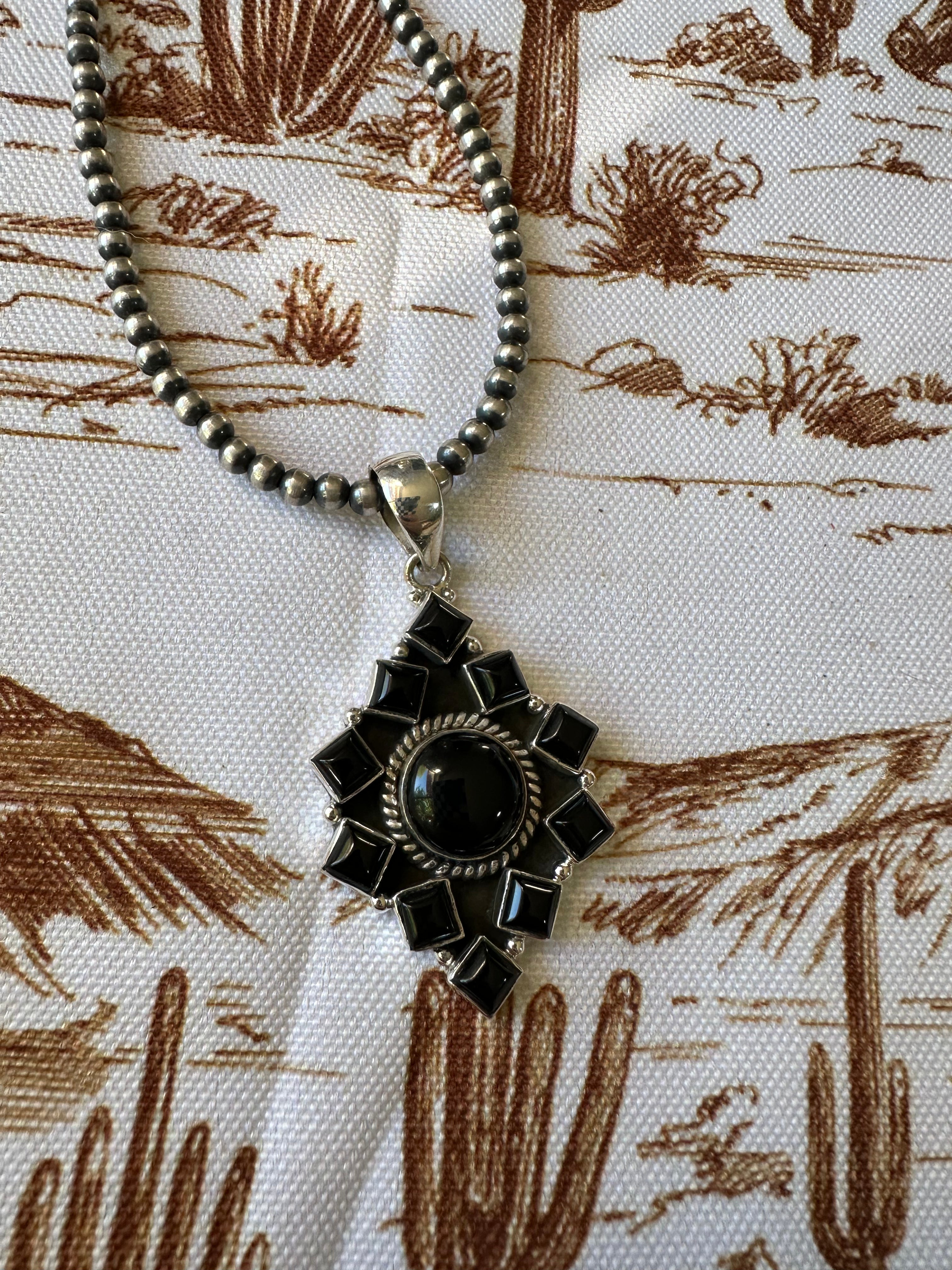 Handmade Sterling Silver &  Black Onyx Pendant Signed Nizhoni