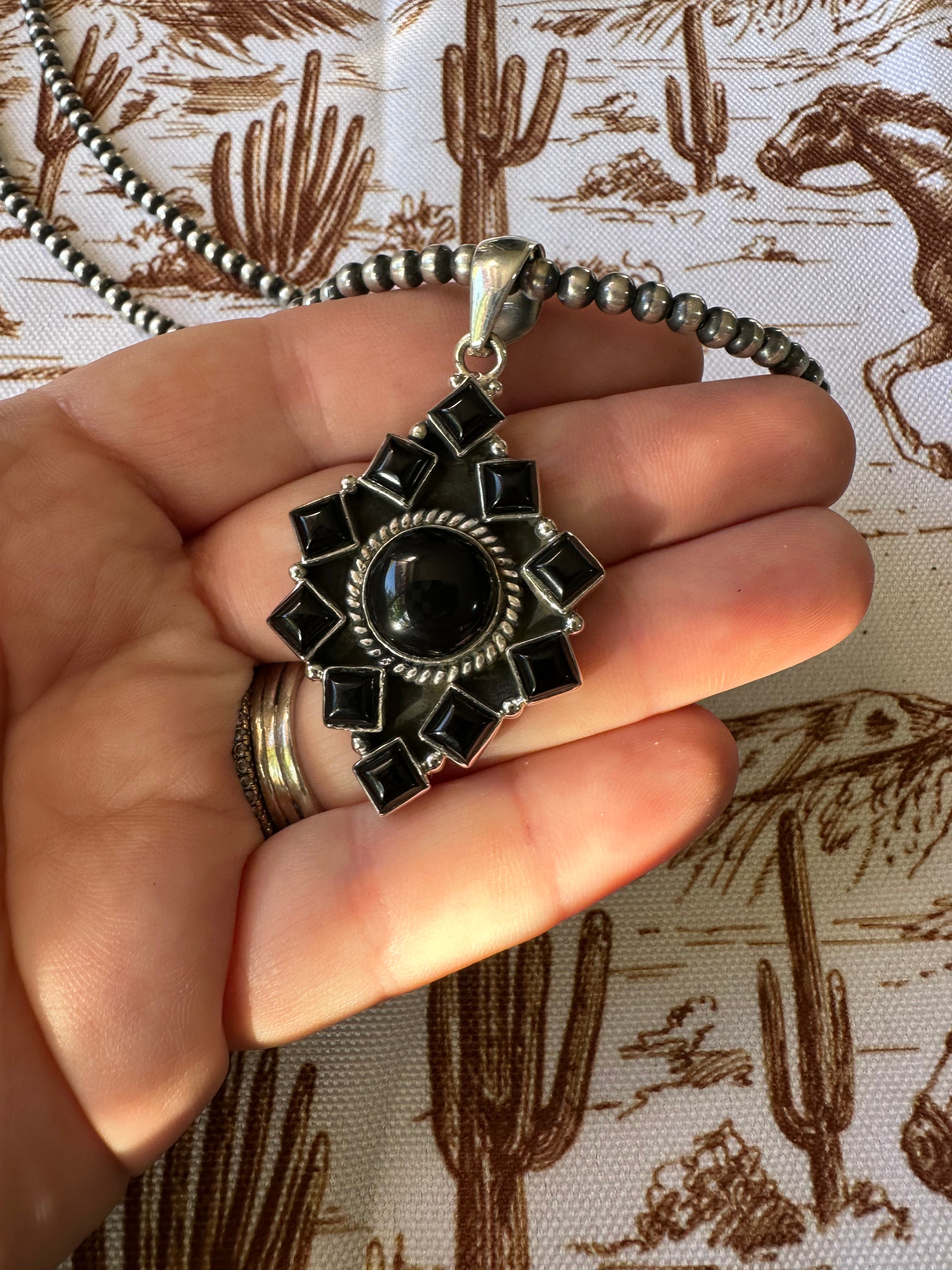 Handmade Sterling Silver &  Black Onyx Pendant Signed Nizhoni