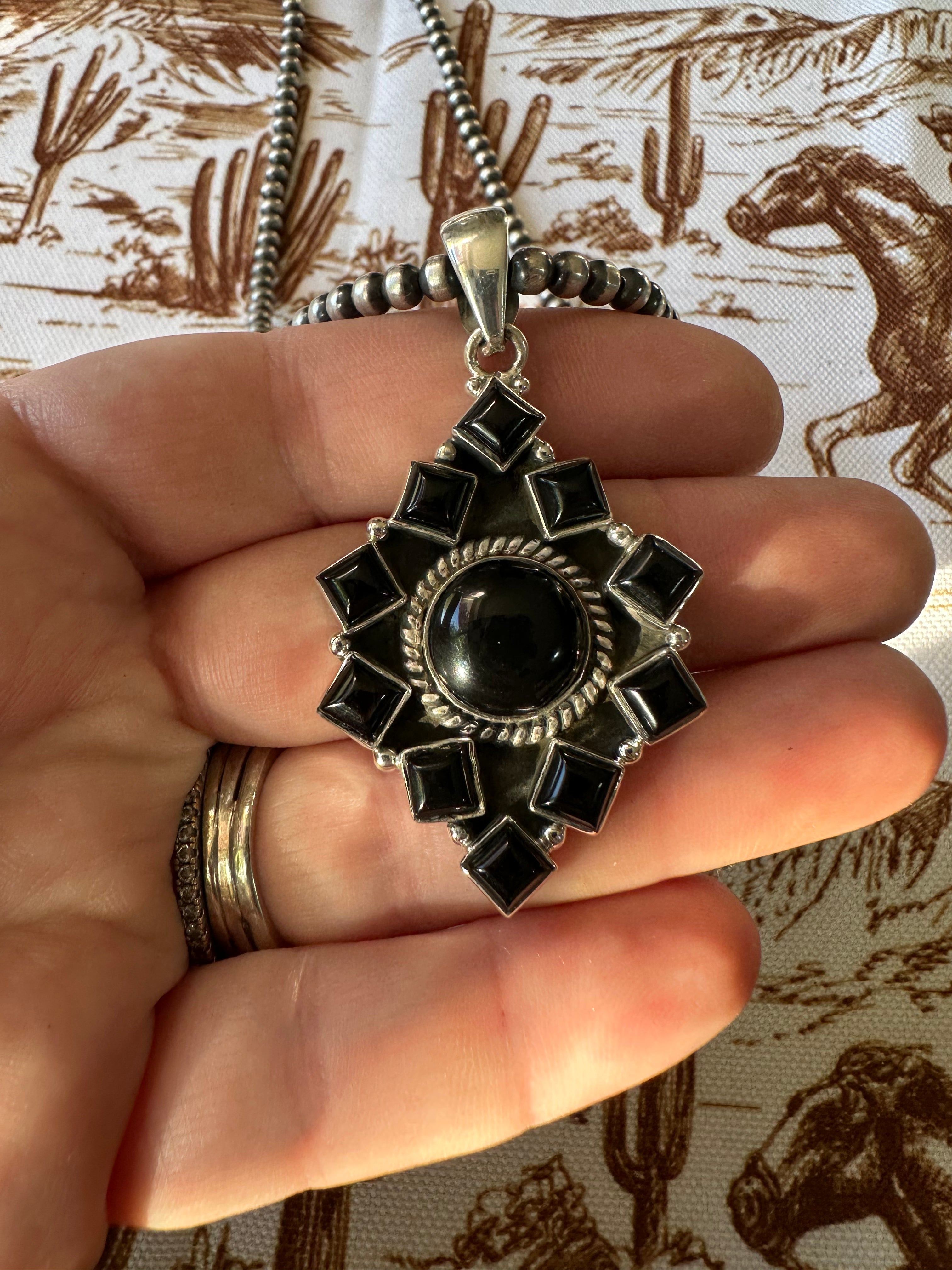 Handmade Sterling Silver &  Black Onyx Pendant Signed Nizhoni