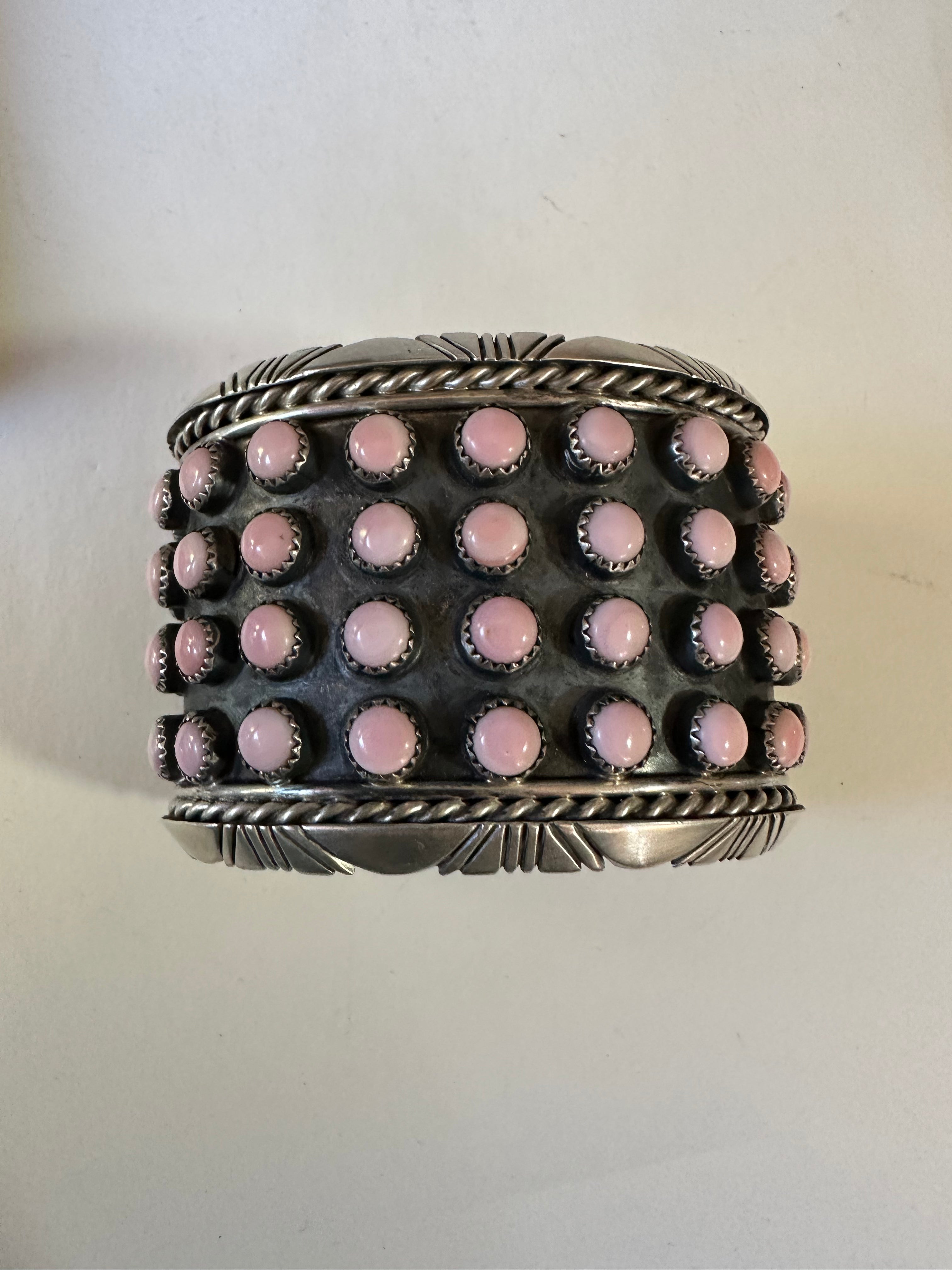 Navajo Pink Conch & Sterling Silver 4 Row Cuff Bracelet Signed