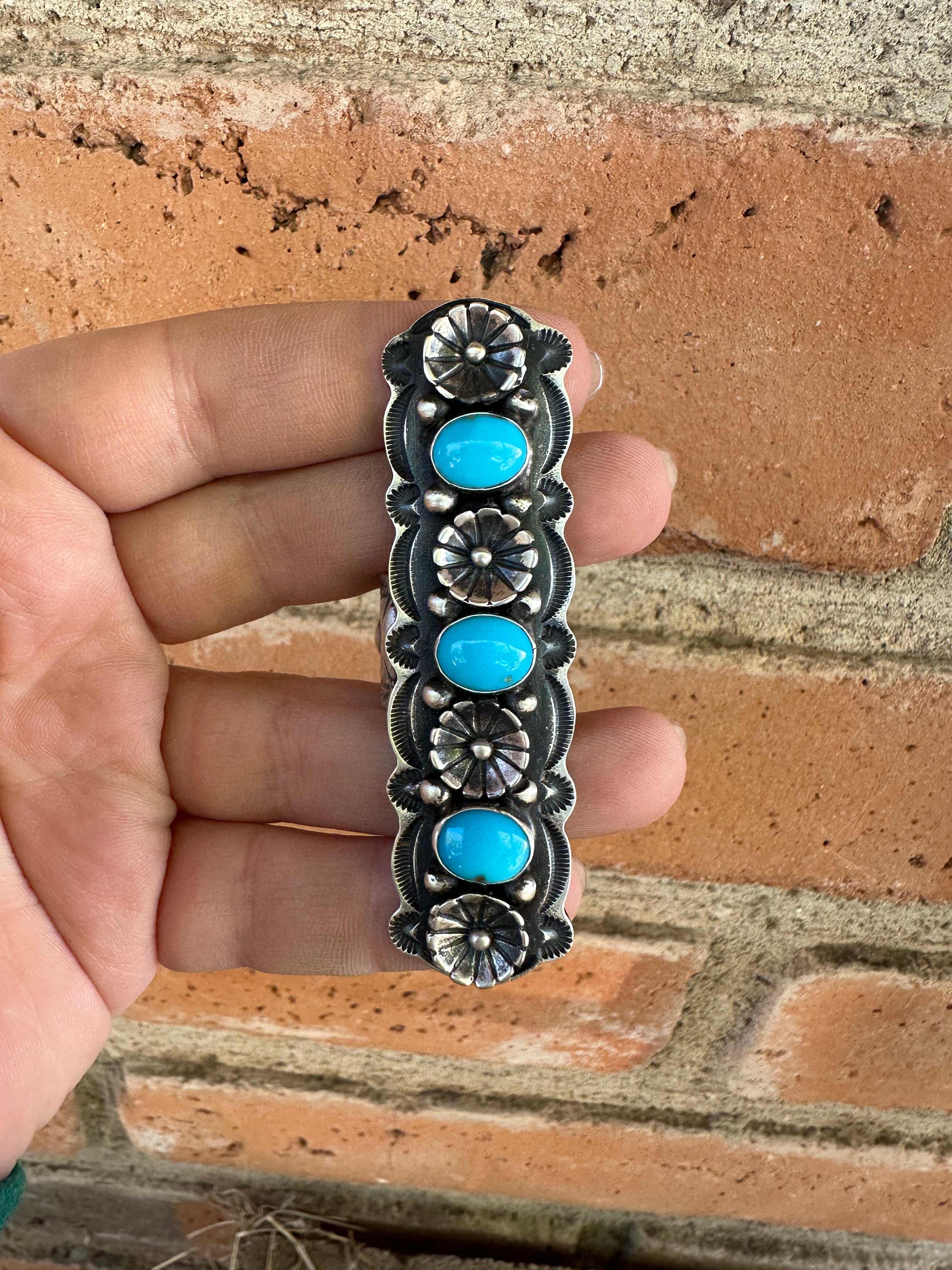 Navajo Turquoise & Sterling Silver Floral Ring Size 9