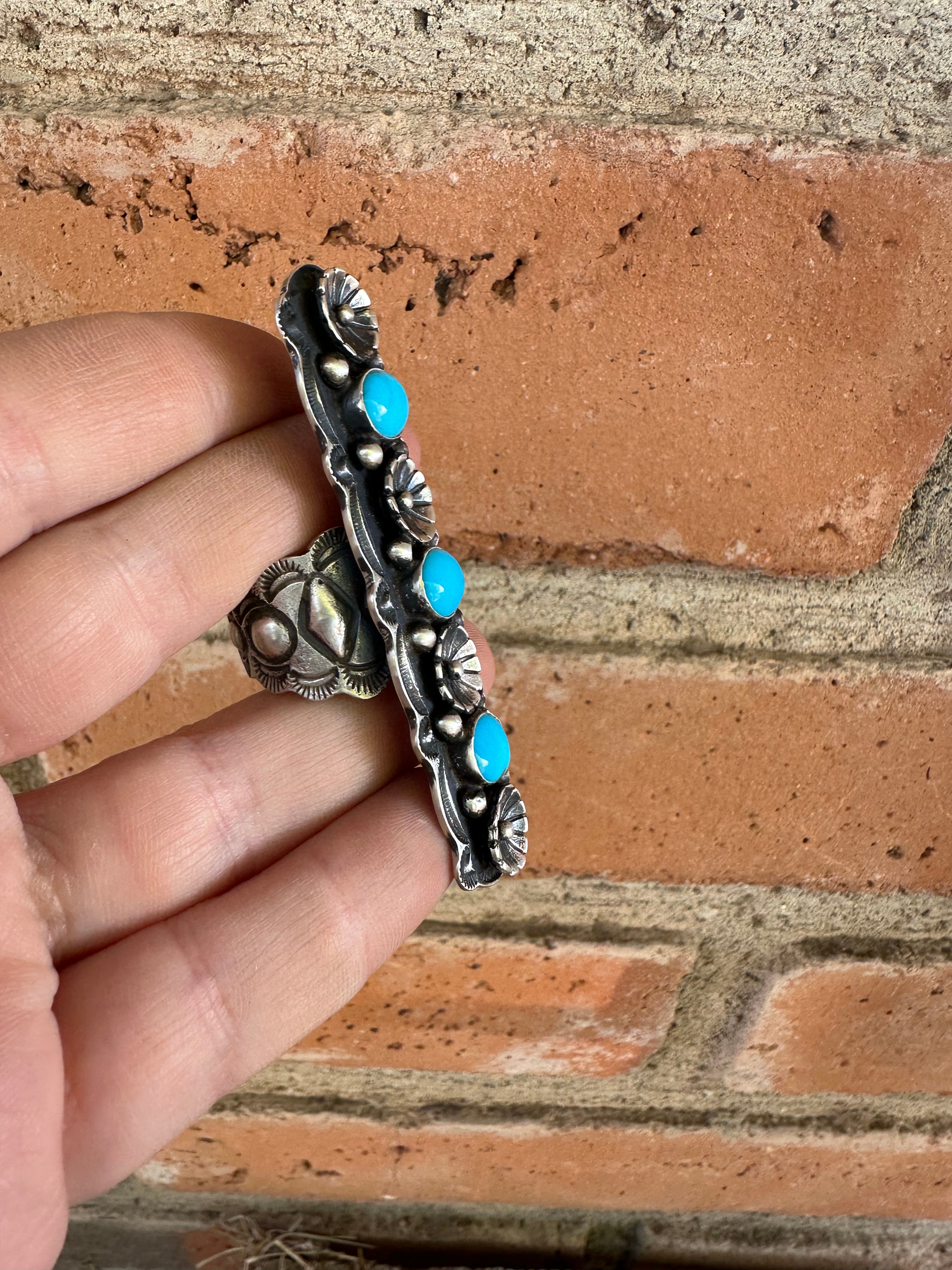 Navajo Turquoise & Sterling Silver Floral Ring Size 9