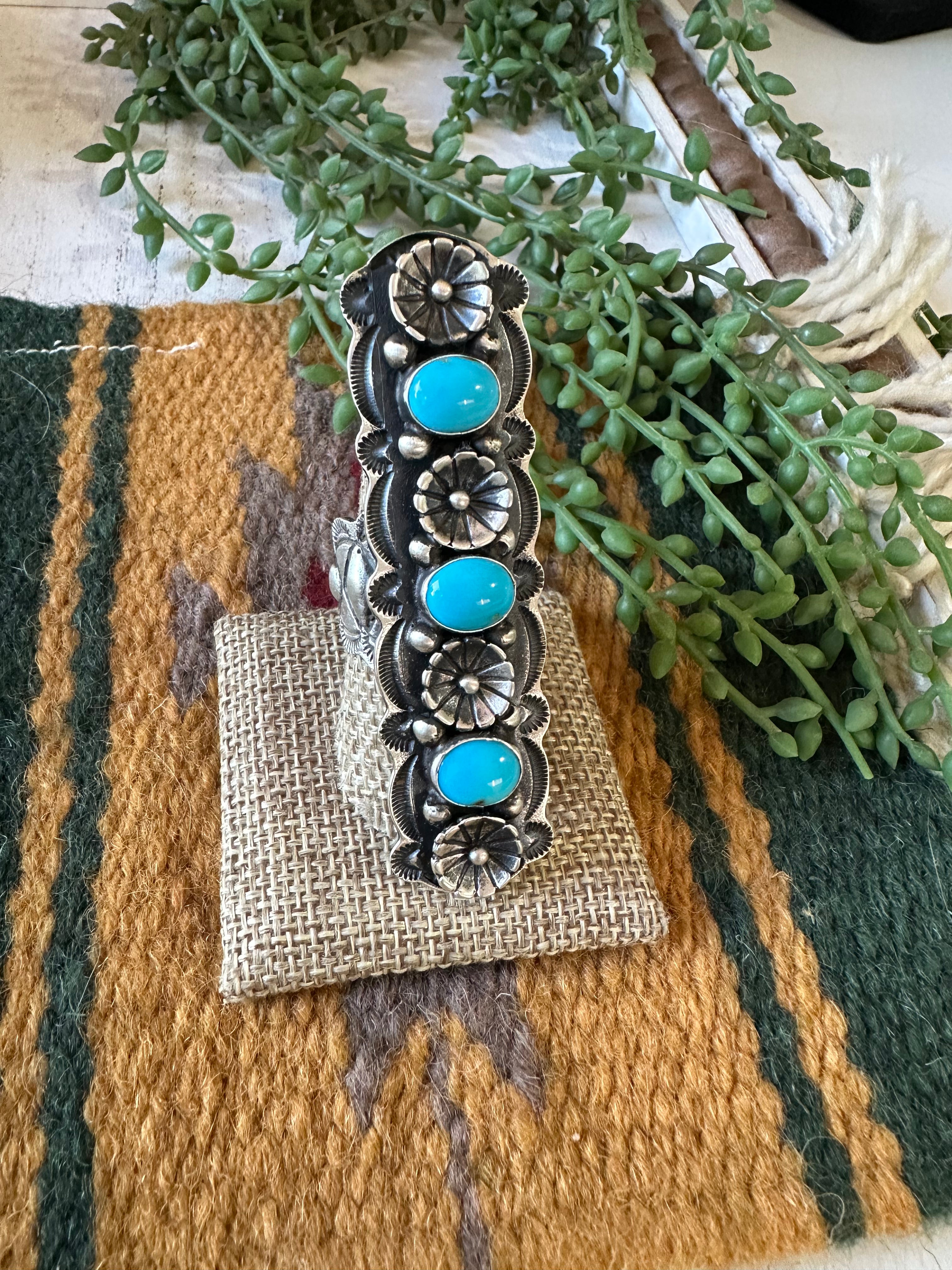 Navajo Turquoise & Sterling Silver Floral Ring Size 9