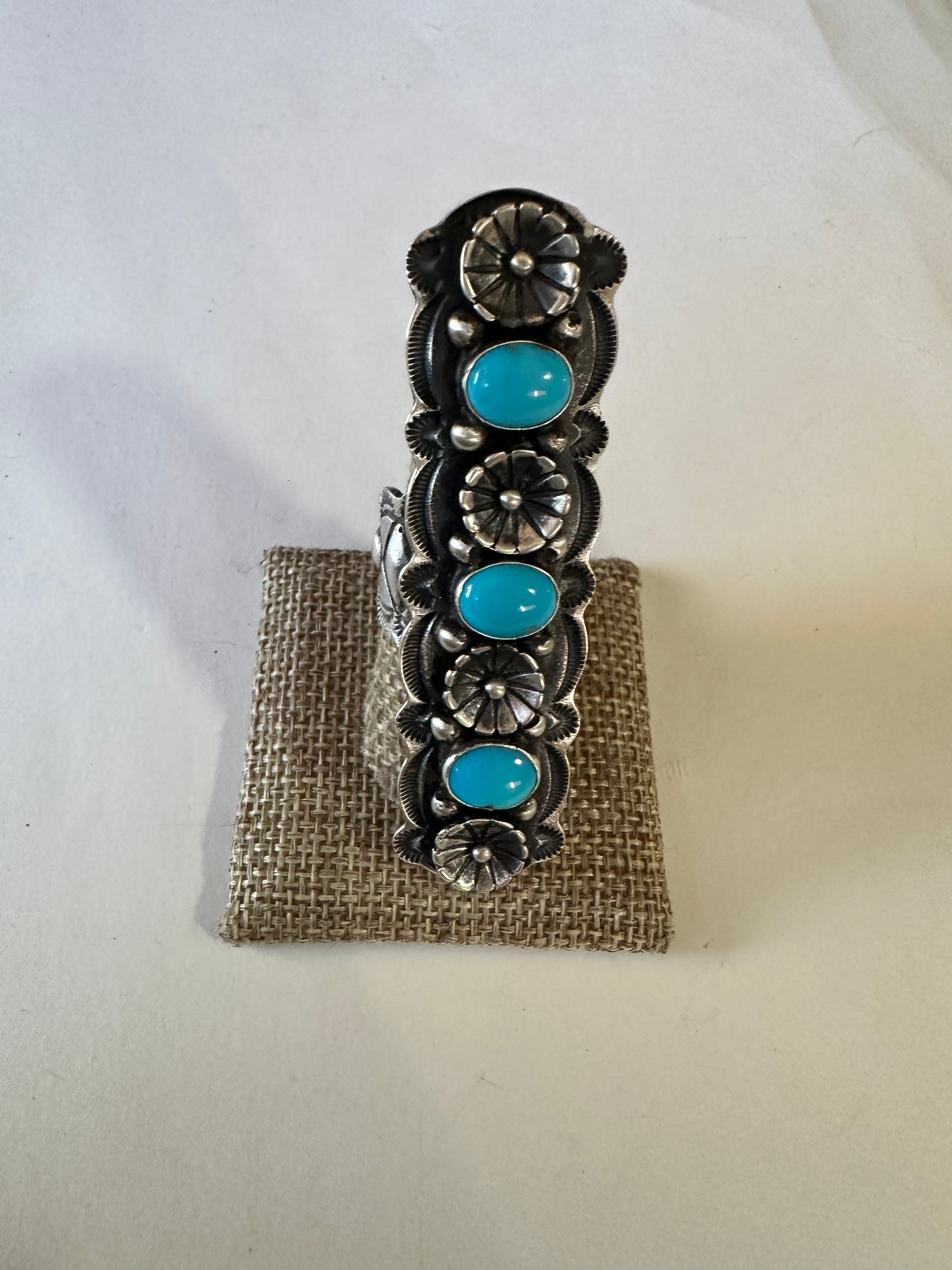 Navajo Turquoise & Sterling Silver Floral Ring Size 9