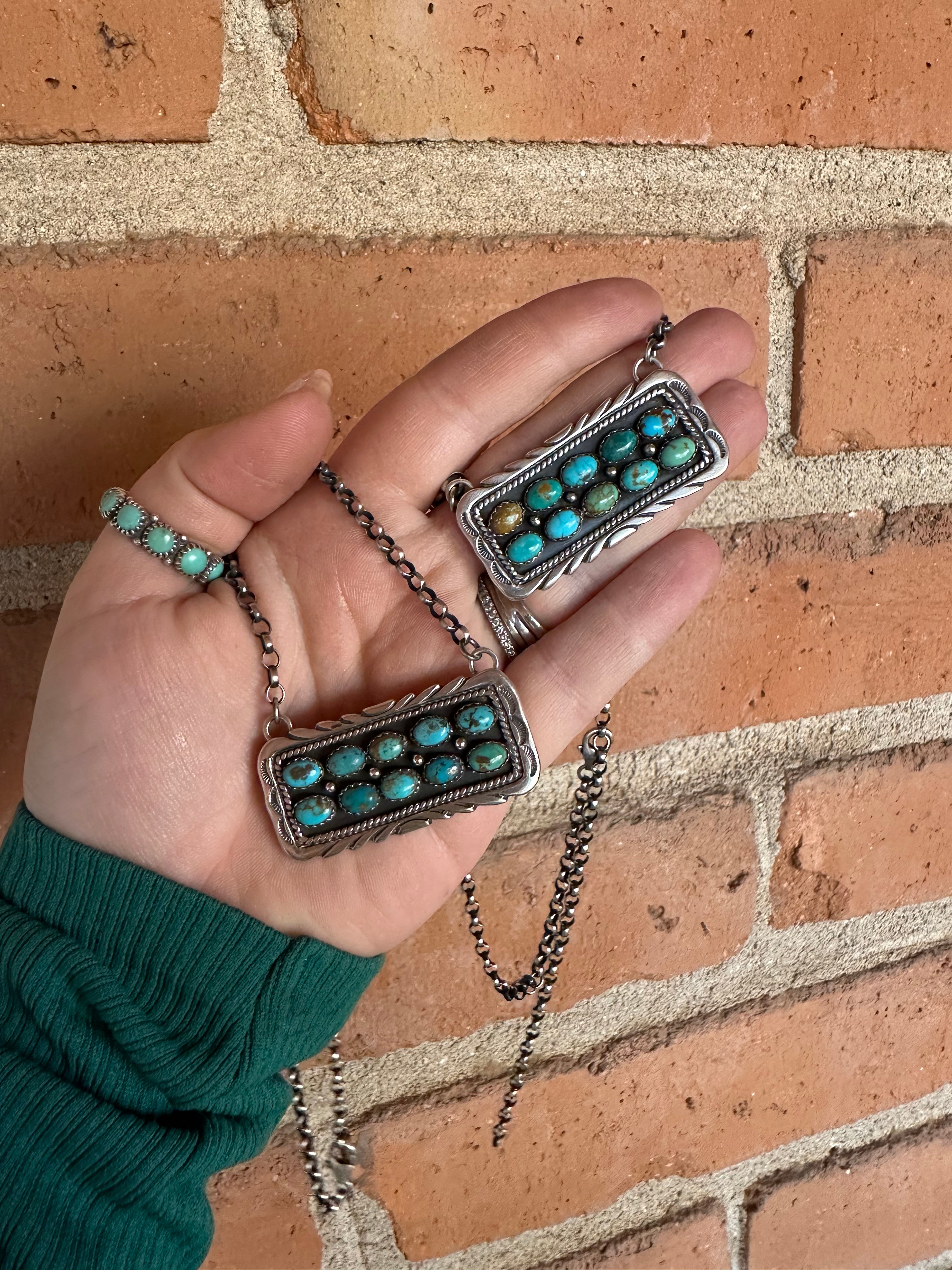 Navajo Sterling Silver & Double Row Turquoise Bar Necklace Signed E. Richard’s