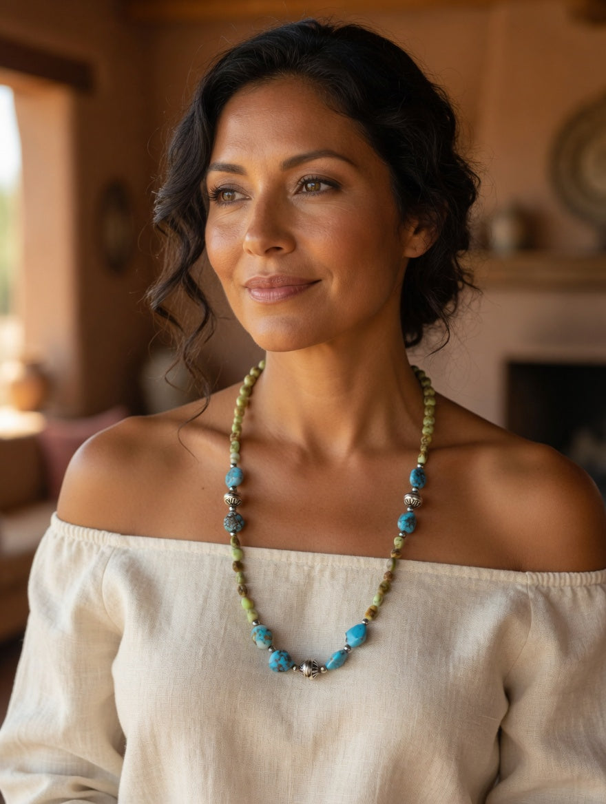 Palomino & Golden Hills Turquoise Hand Strung Sterling Silver Beaded Necklace
