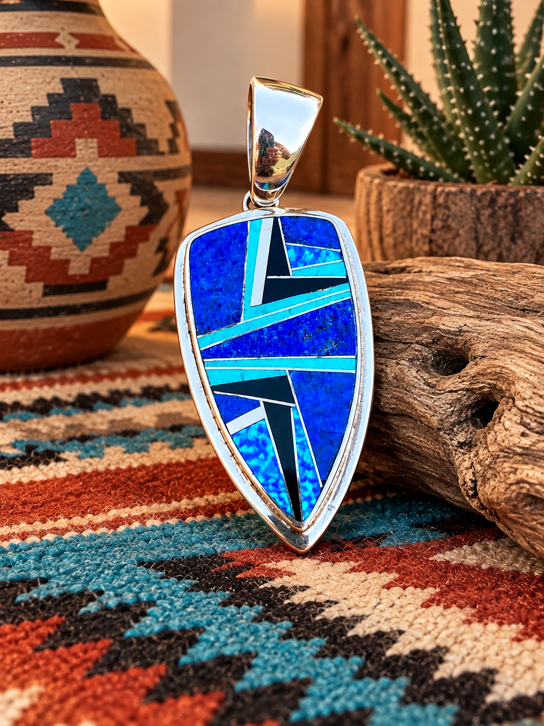 Handcrafted Lapis, Turquoise, Blue Opal Shield Pendant 2.5”