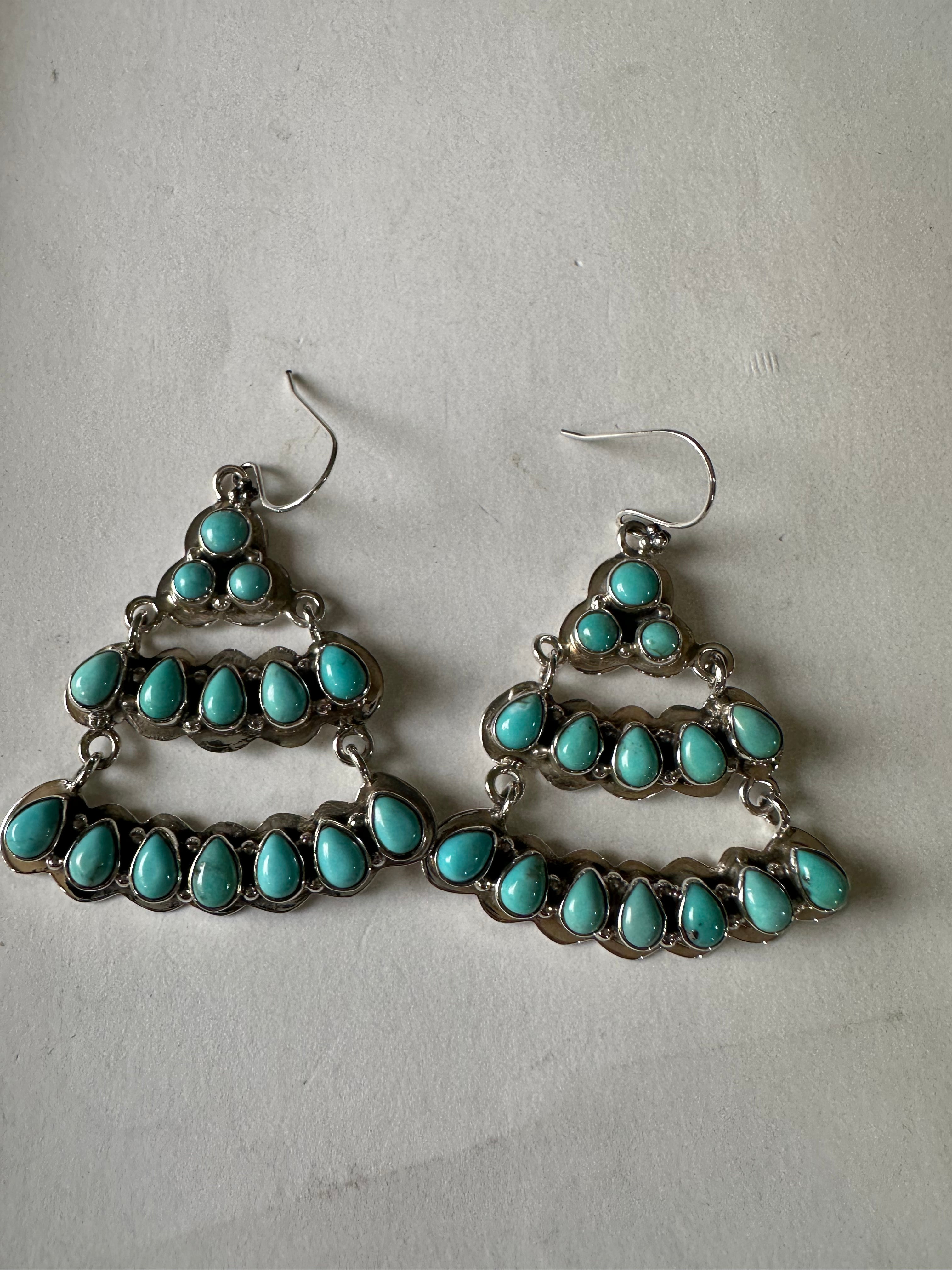 Handmade Sterling Silver & Turquoise Chandelier Wire Dangle Earrings