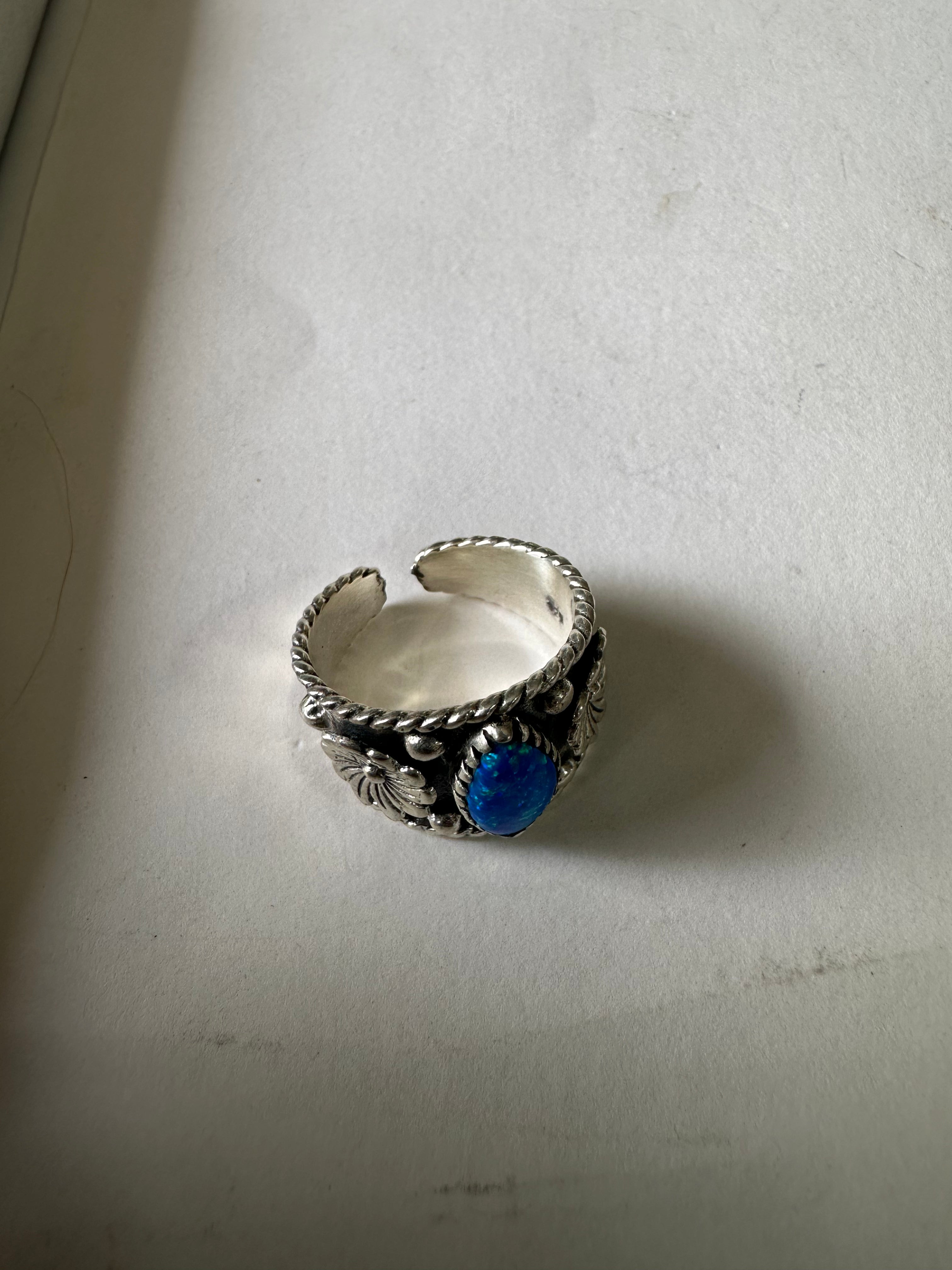 Beautiful Handmade Blue Fire Opal And Sterling Silver Adjustable Flower Ring