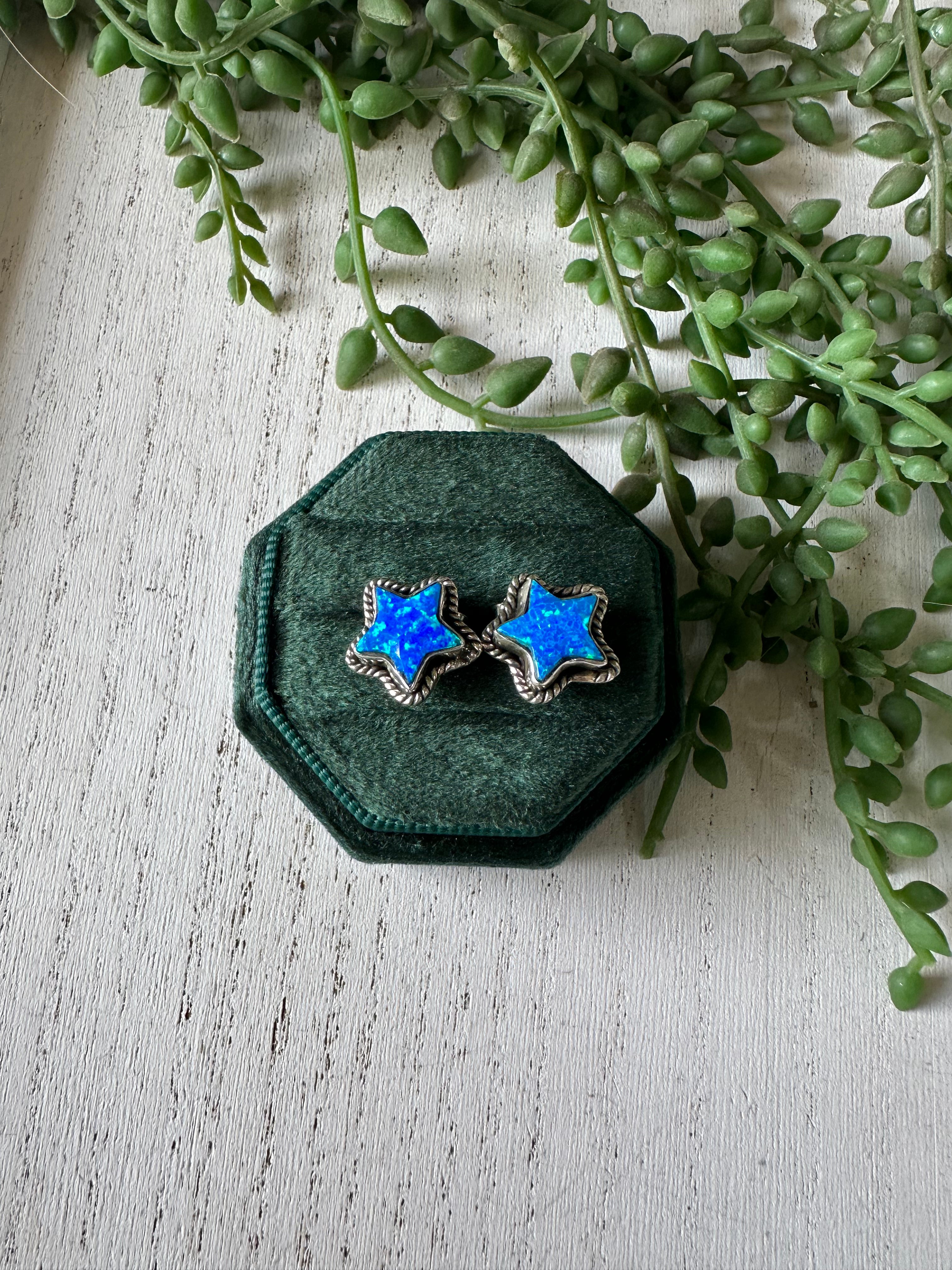 Handmade Blue Fire Opal And Sterling Silver Stud Star Earrings