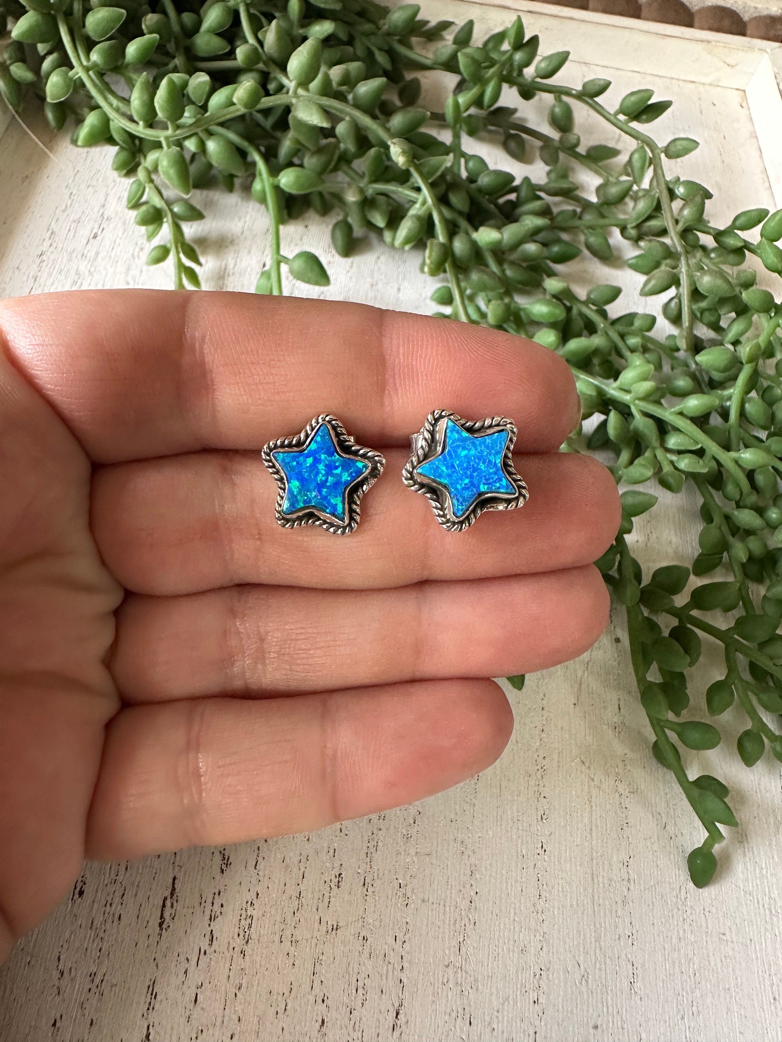 Handmade Blue Fire Opal And Sterling Silver Stud Star Earrings