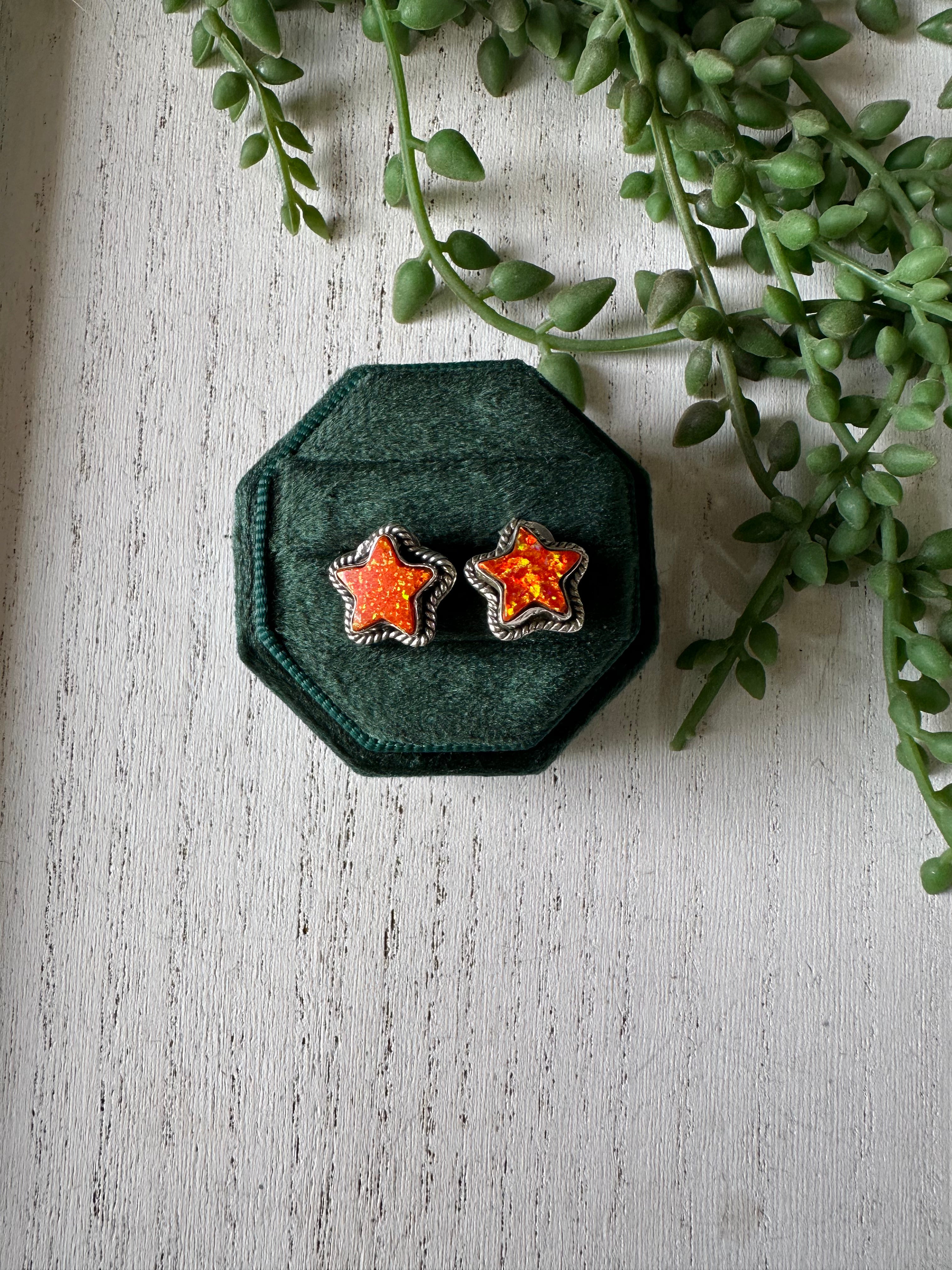 Handmade Orange Fire Opal And Sterling Silver Stud Star Earrings