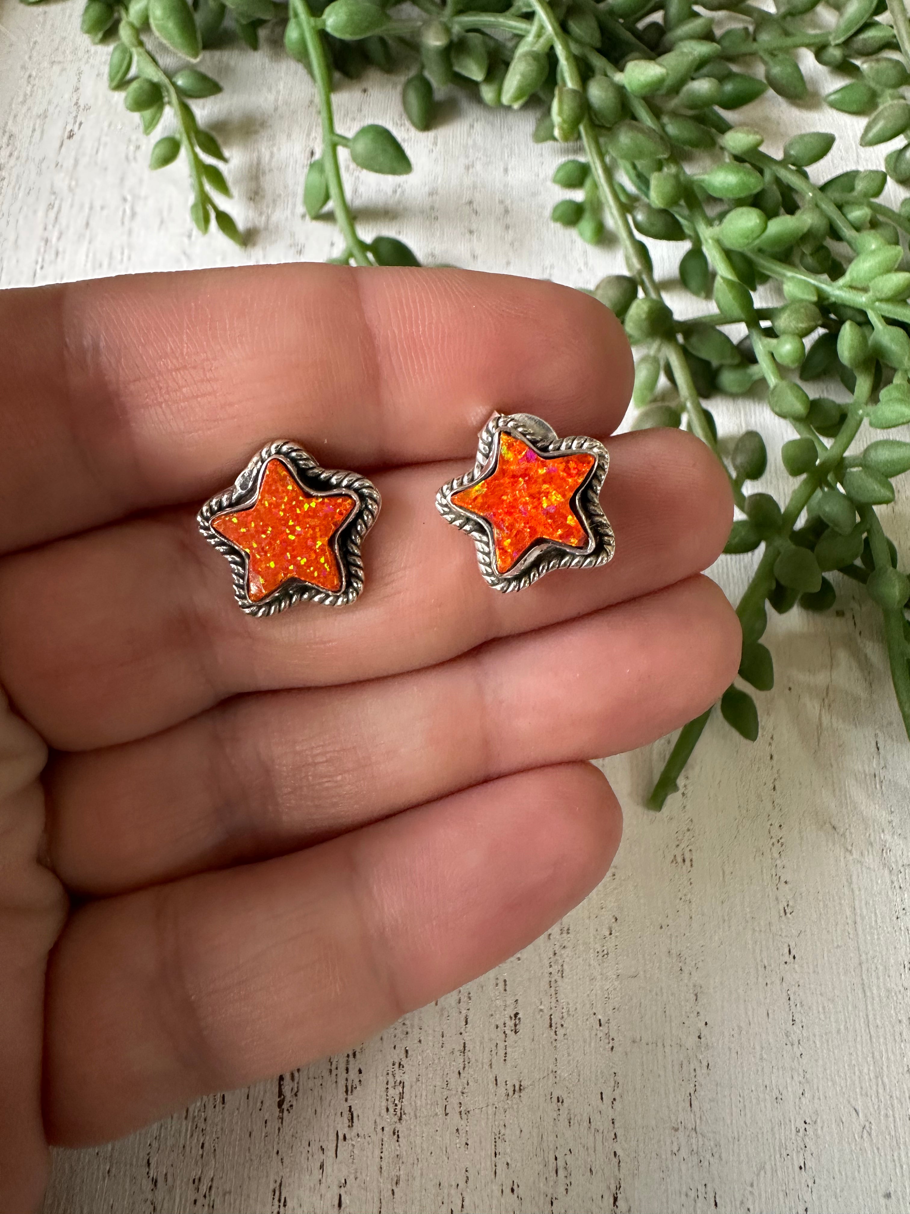 Handmade Orange Fire Opal And Sterling Silver Stud Star Earrings