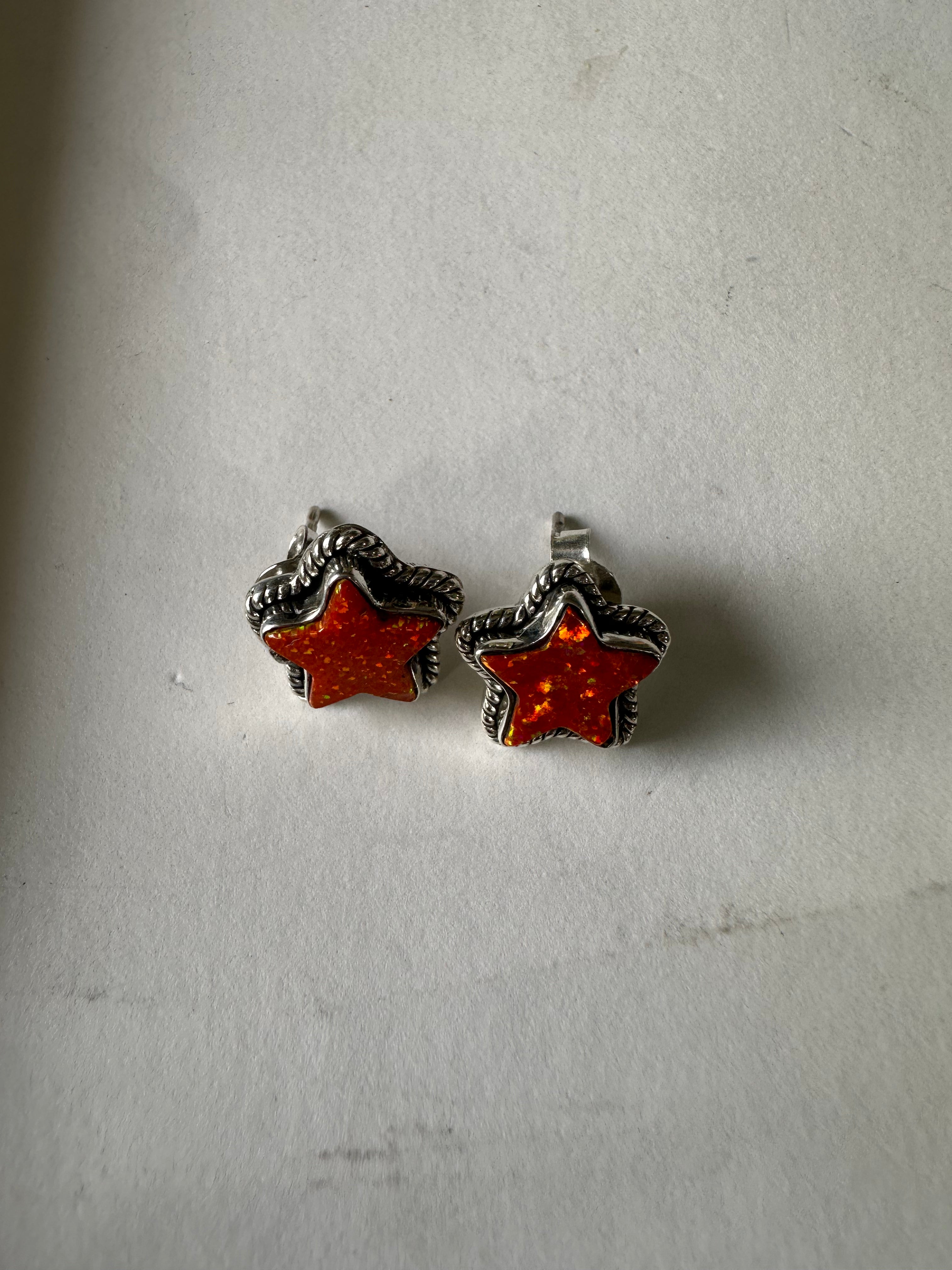 Handmade Orange Fire Opal And Sterling Silver Stud Star Earrings