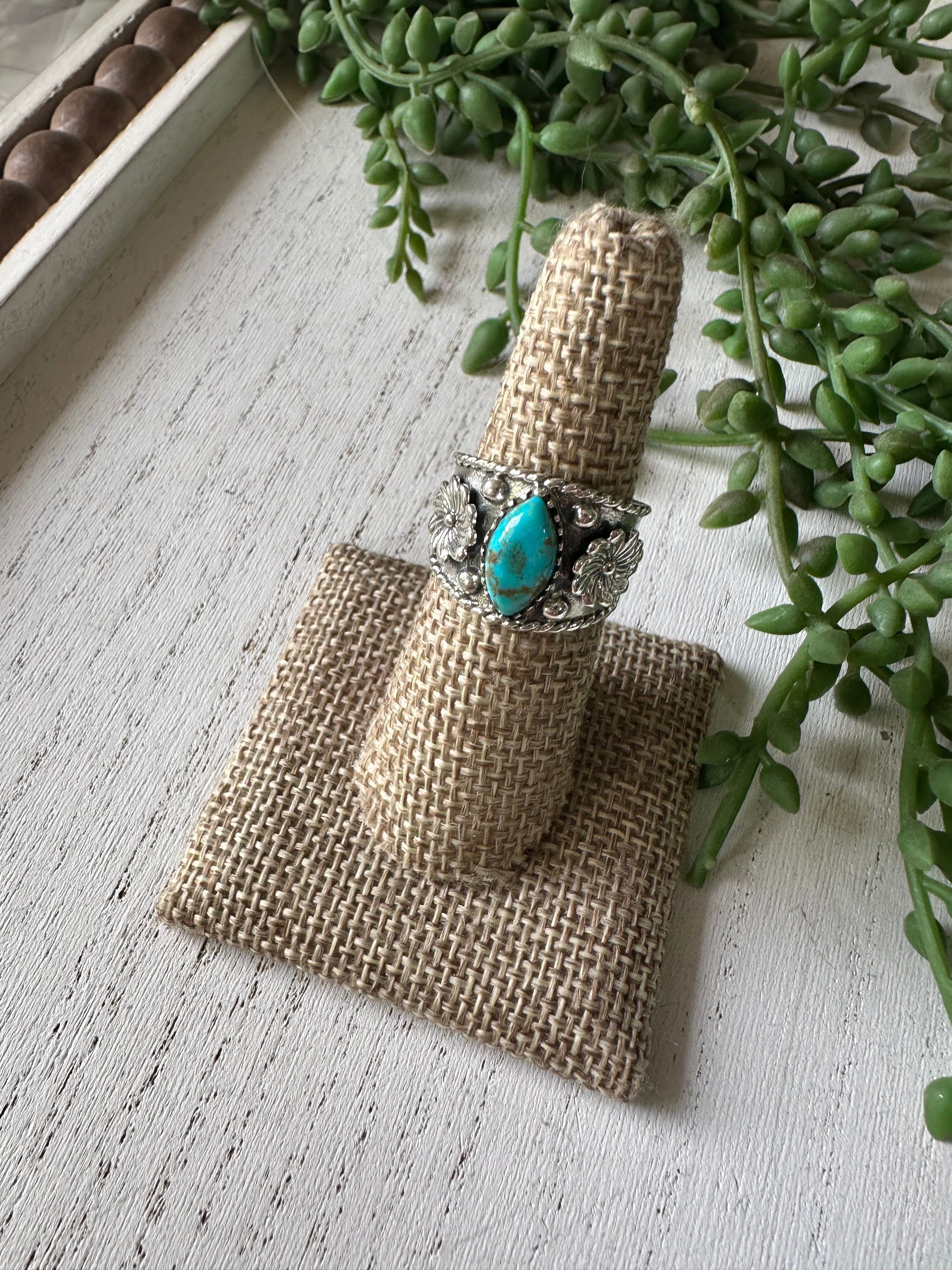 Beautiful Handmade Turquoise And Sterling Silver Adjustable Flower Ring