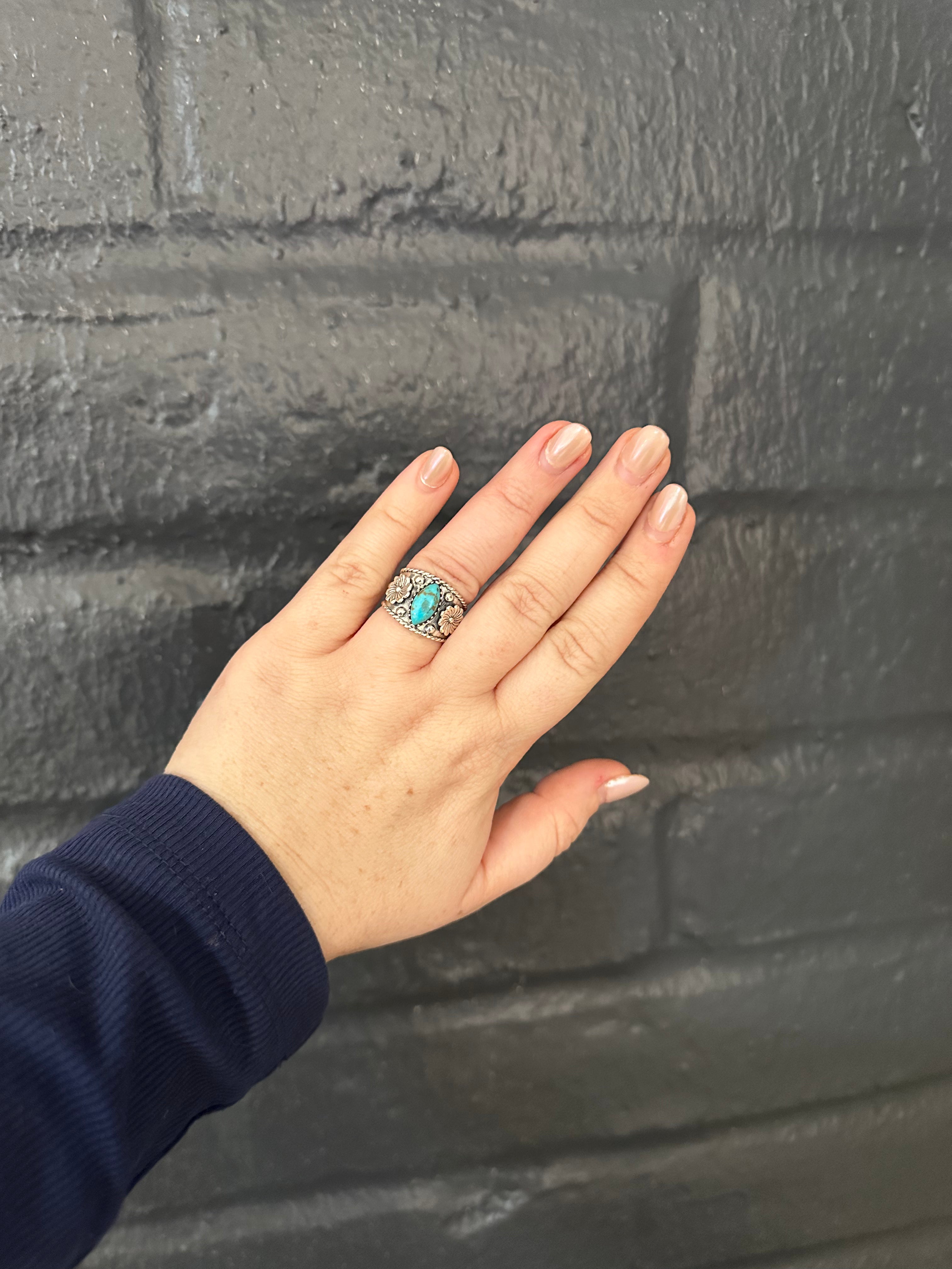 Beautiful Handmade Turquoise And Sterling Silver Adjustable Flower Ring