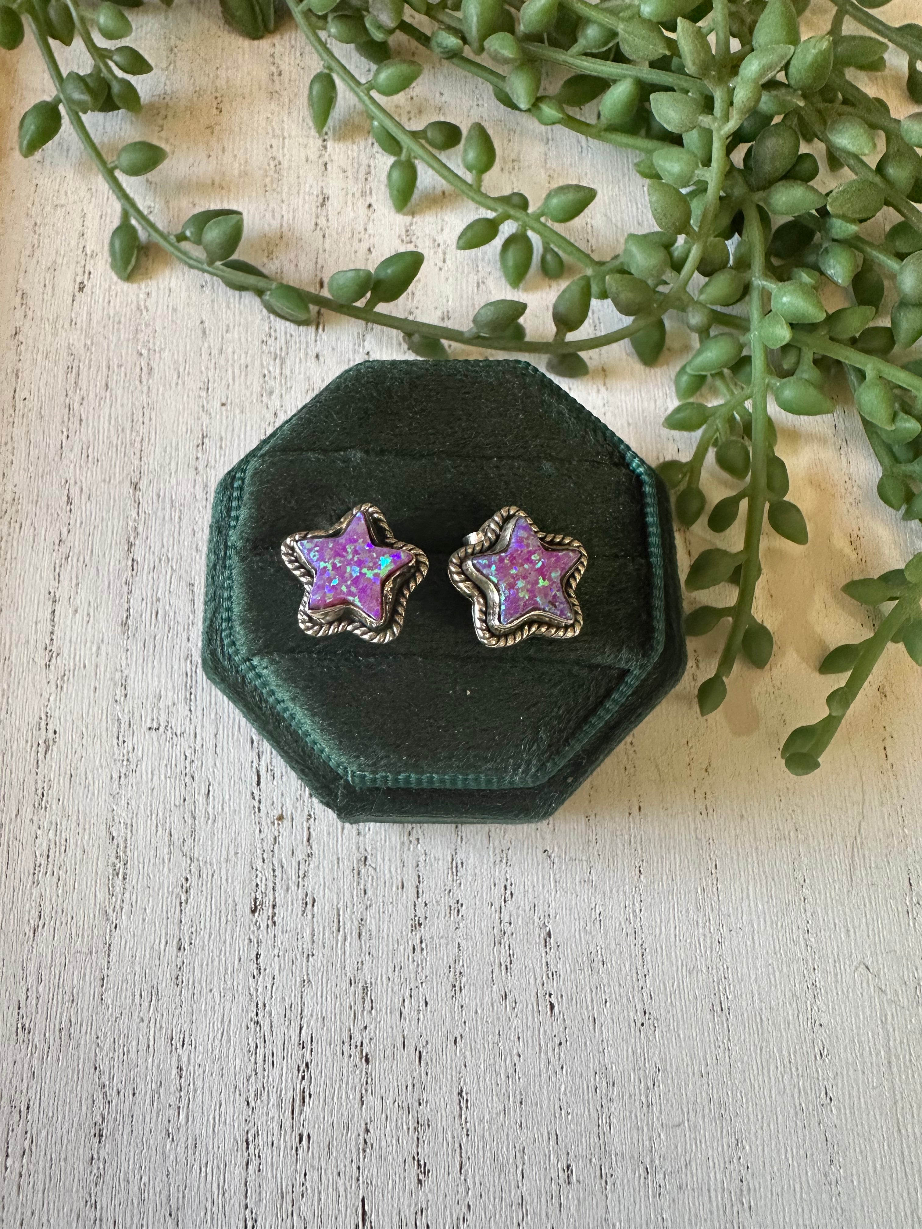 Handmade Purple Fire Opal And Sterling Silver Stud Star Earrings