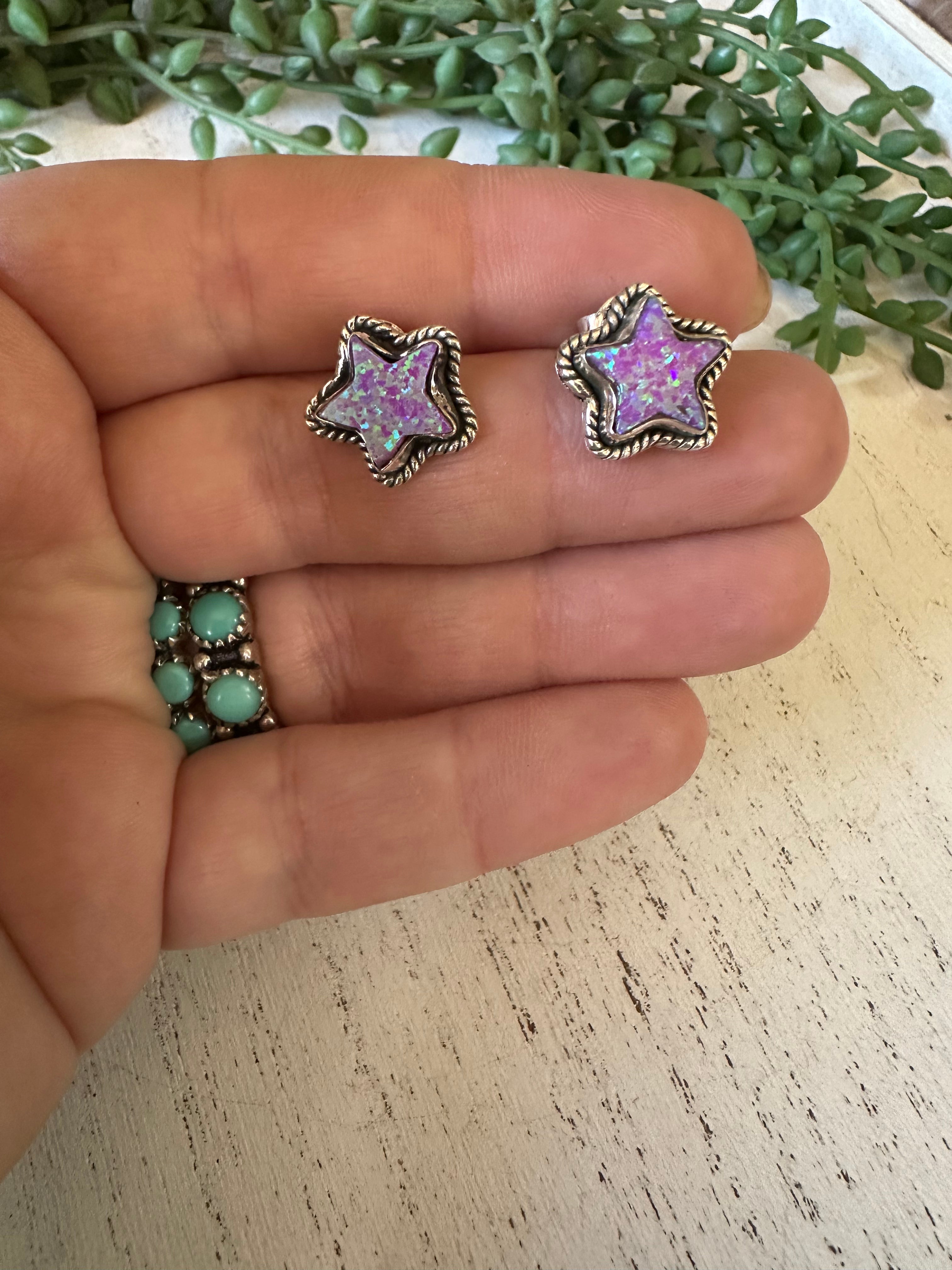 Handmade Purple Fire Opal And Sterling Silver Stud Star Earrings