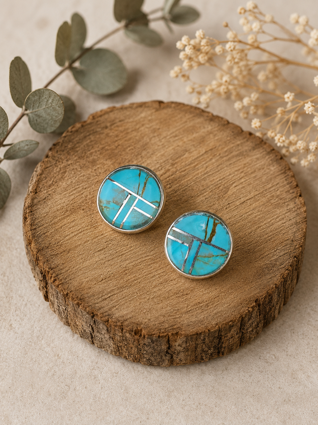 Handcrafted Turquoise & Sterling Silver button Stud Earrings
