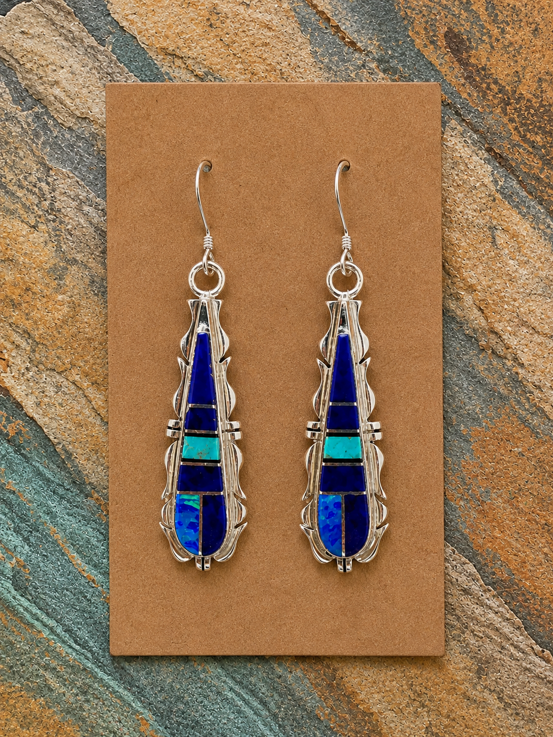 Handcrafted Lapis, Turquoise, Jagged Dangle Earrings