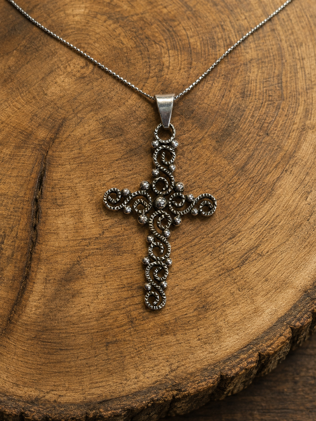 Vintage Oxidized Cross Sterling Silver Pendant Necklace