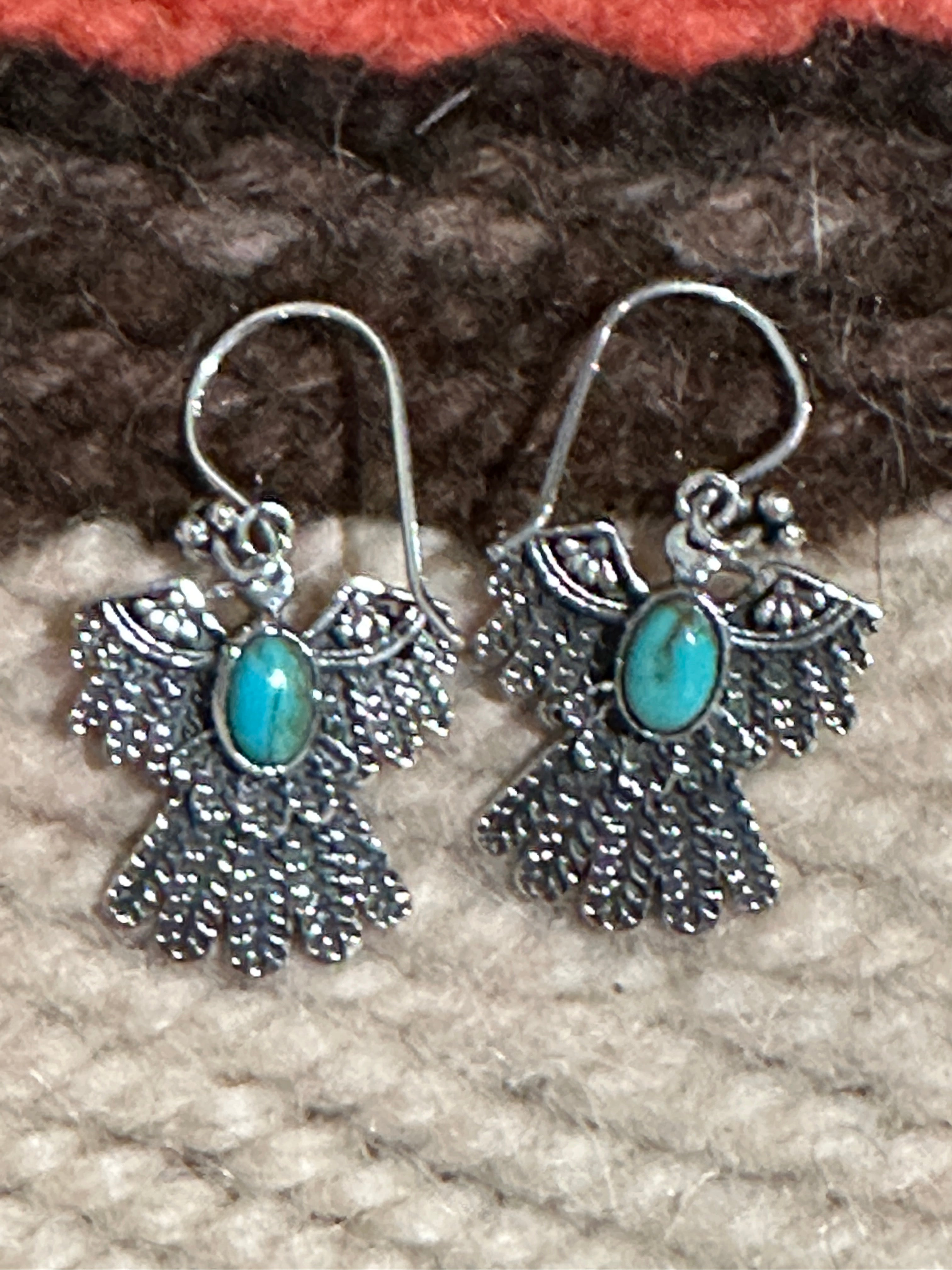 Handmade Royston Turquoise & Sterling Silver Thunderbird Dangle Earrings