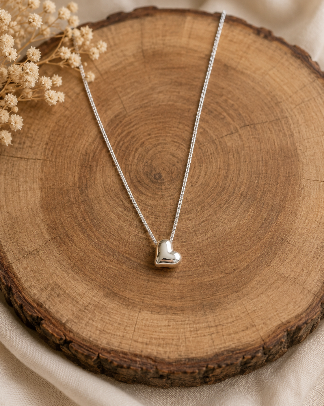 Puffed Side Heart Sterling Silver Necklace