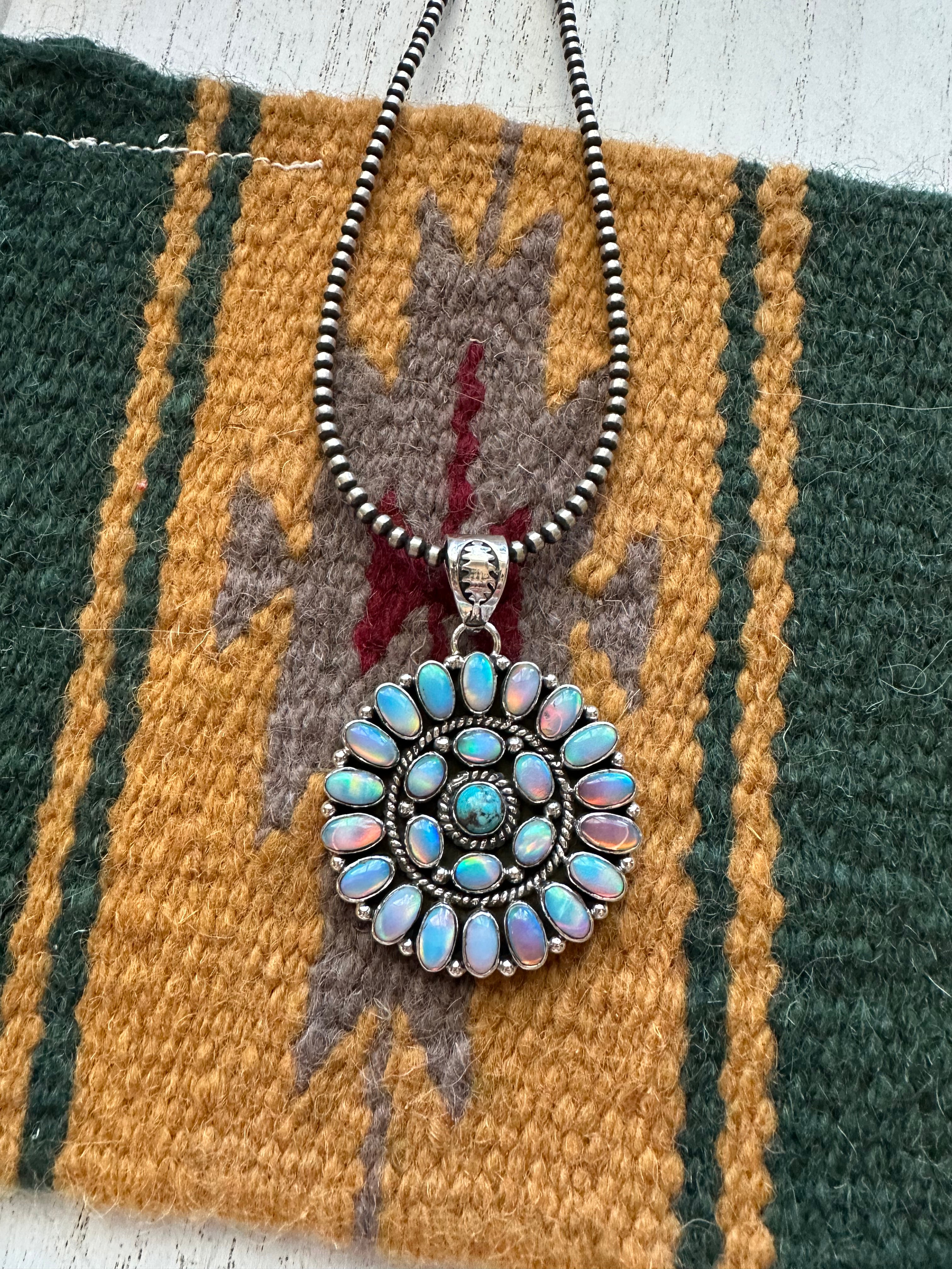 Nizhoni Handmade Turquoise, Pink Opal & Sterling Silver Pendant