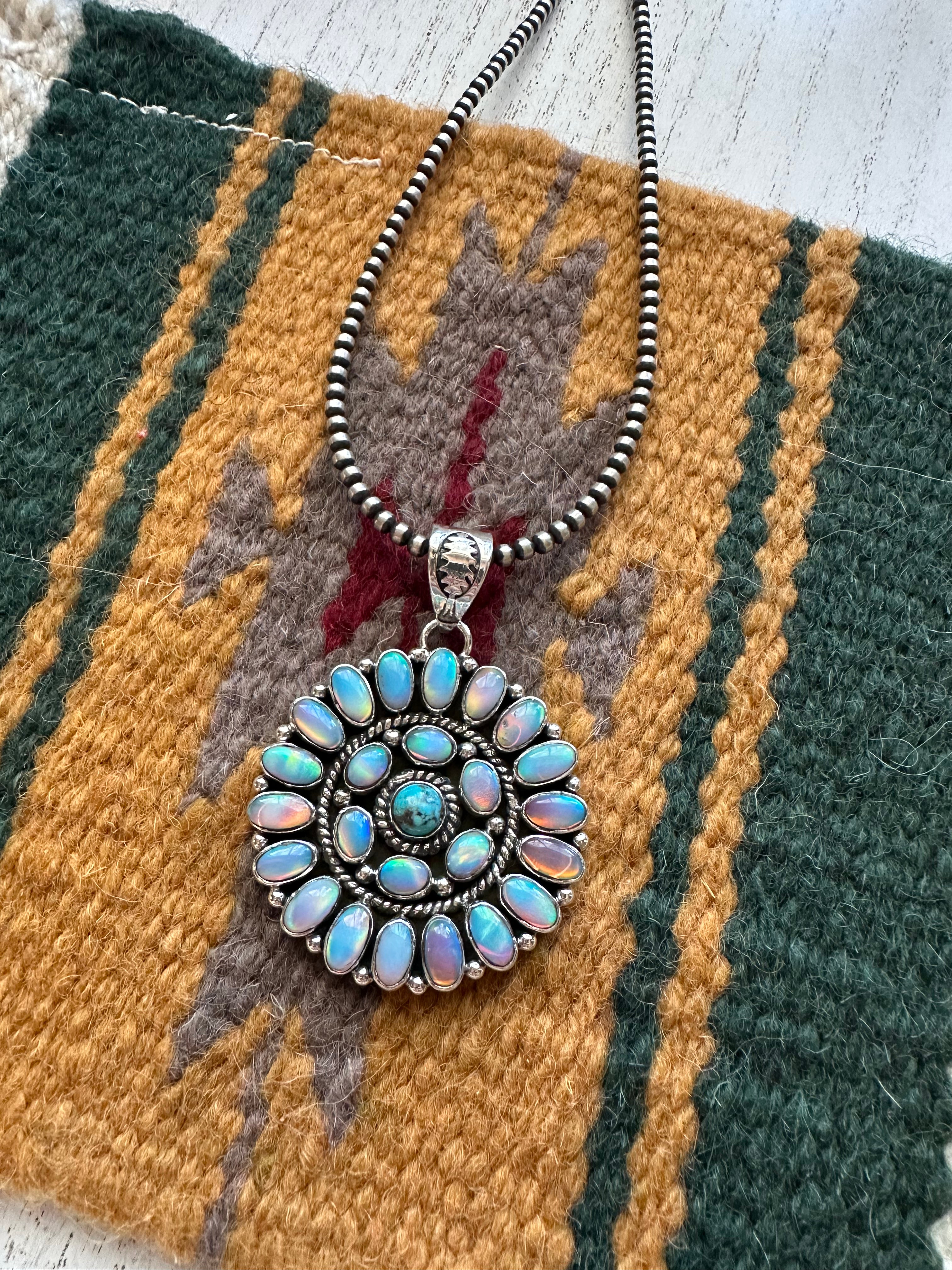 Nizhoni Handmade Turquoise, Pink Opal & Sterling Silver Pendant