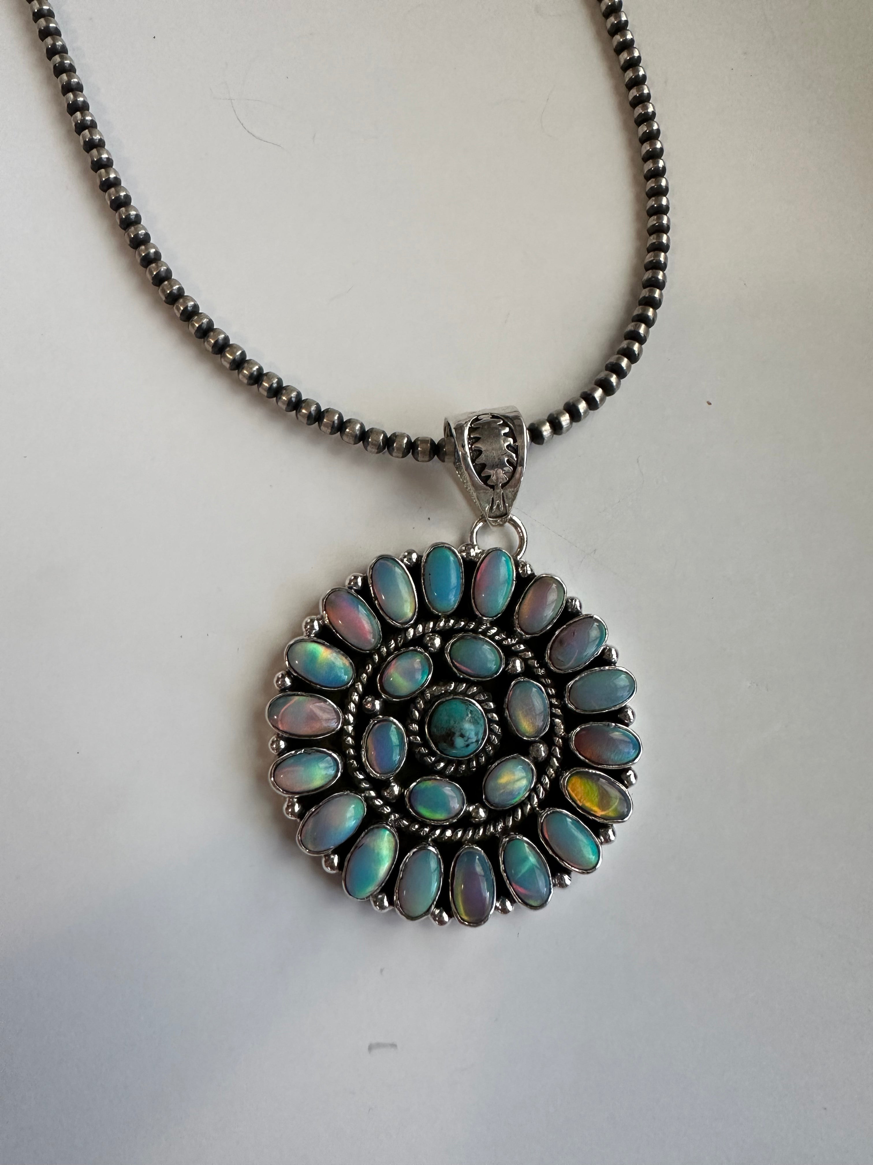 Nizhoni Handmade Turquoise, Pink Opal & Sterling Silver Pendant