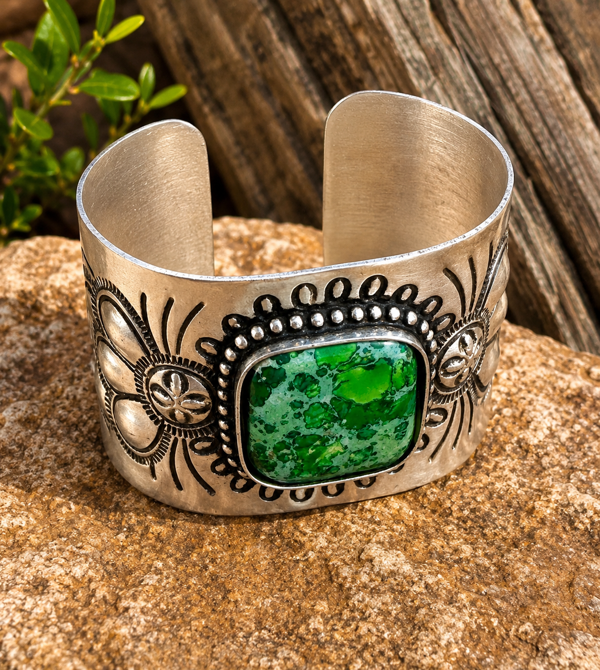 Engraved Silver Plated Cuff Bracelet with Green Stone