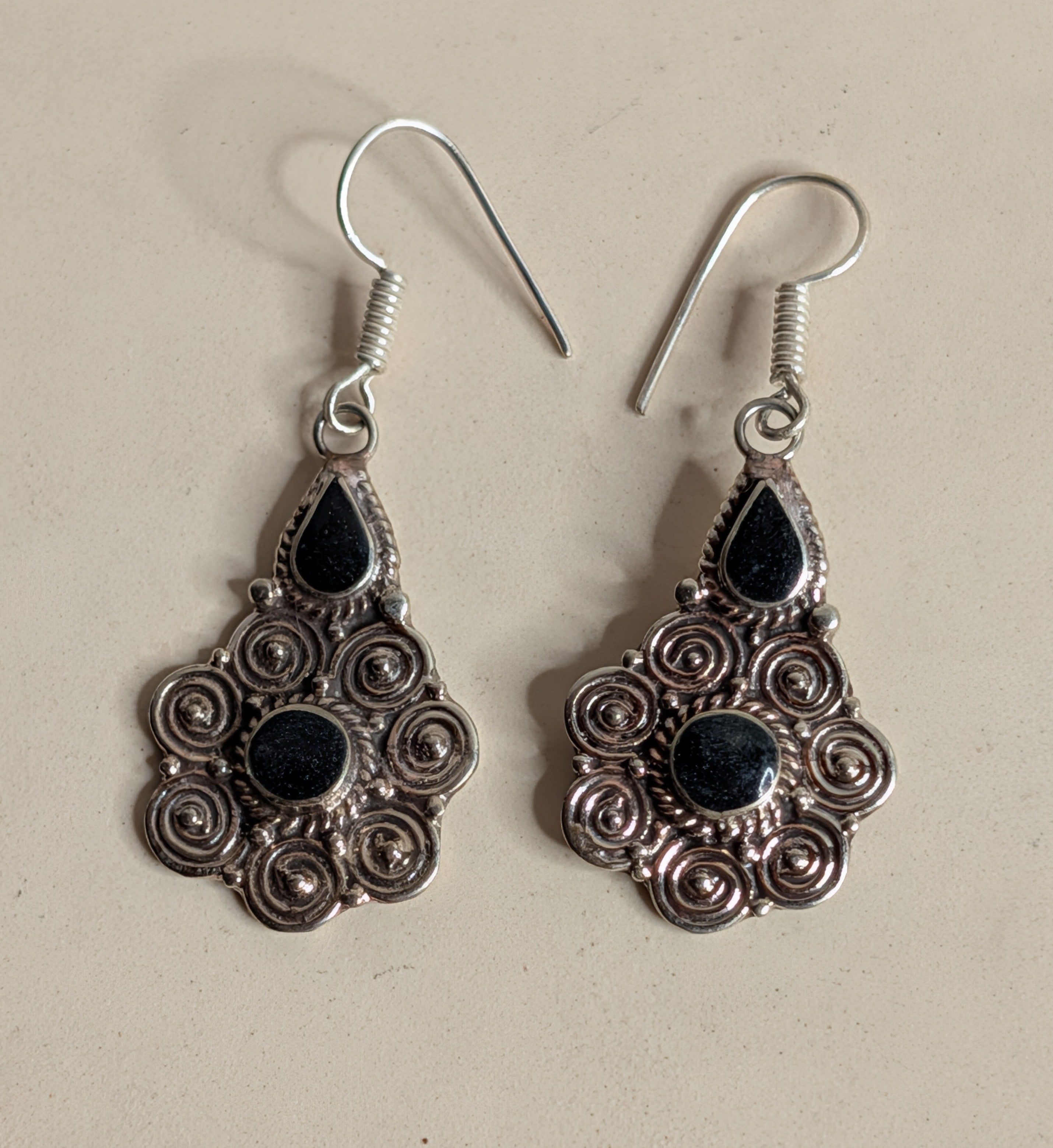 Black Onyx Two-Stone Filigree Dangle Earrings