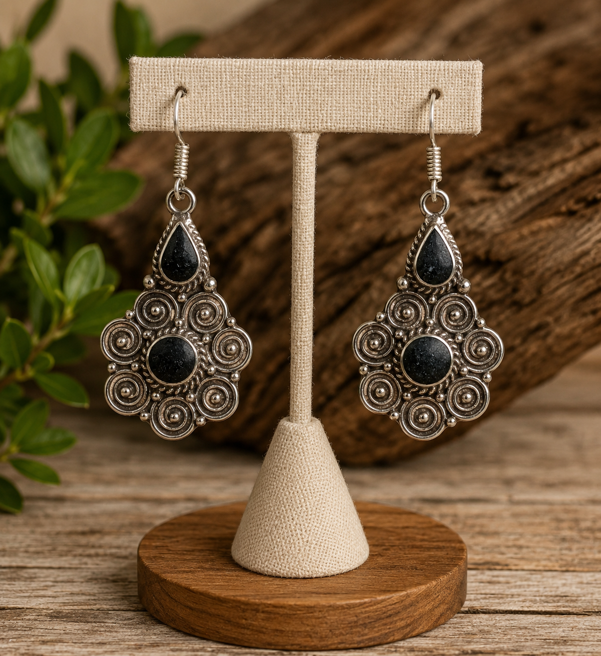 Black Onyx Two-Stone Filigree Dangle Earrings