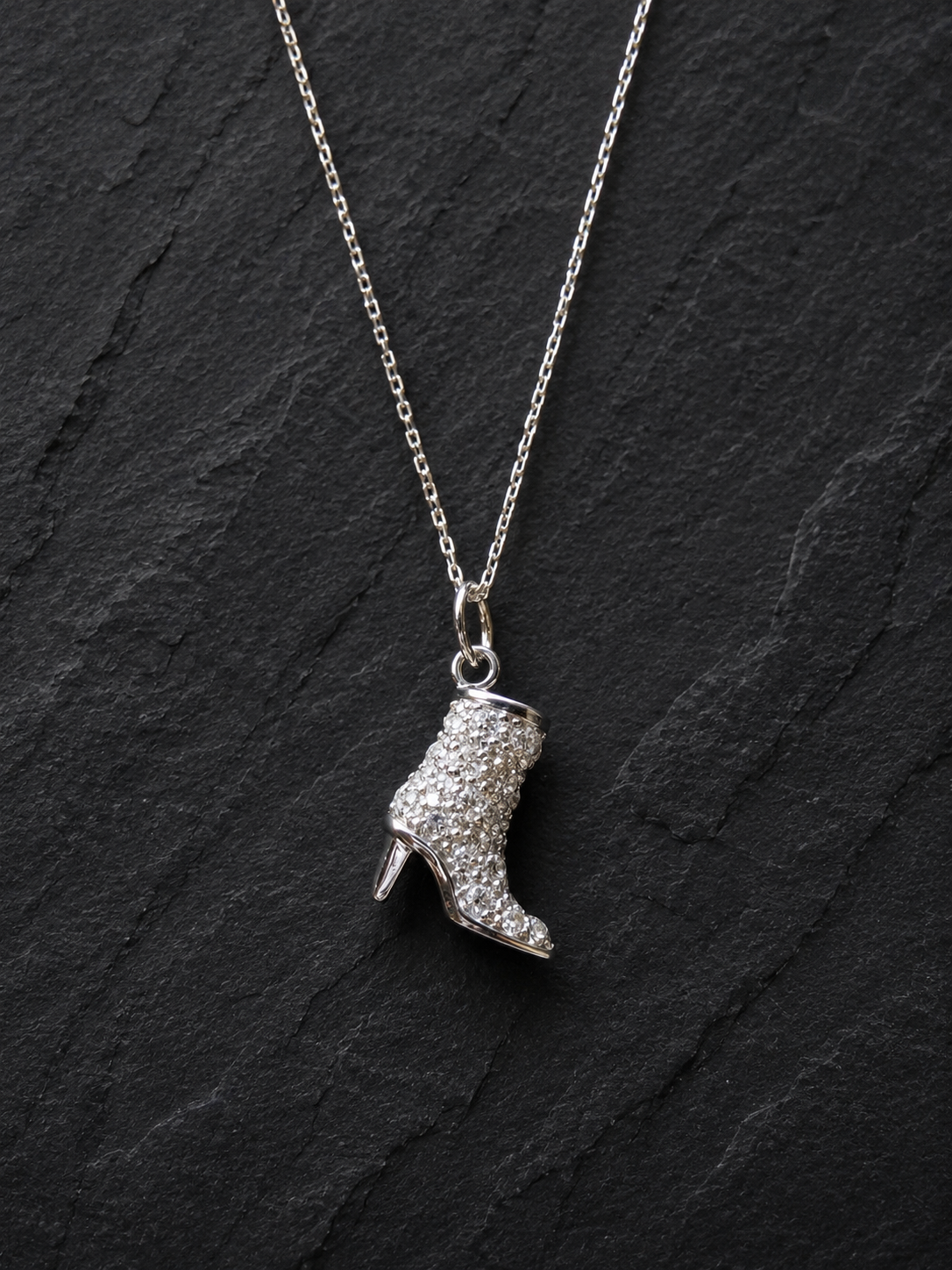 Sterling Silver Detailed CZ High Heel Cowboy Boot Pendant Necklace