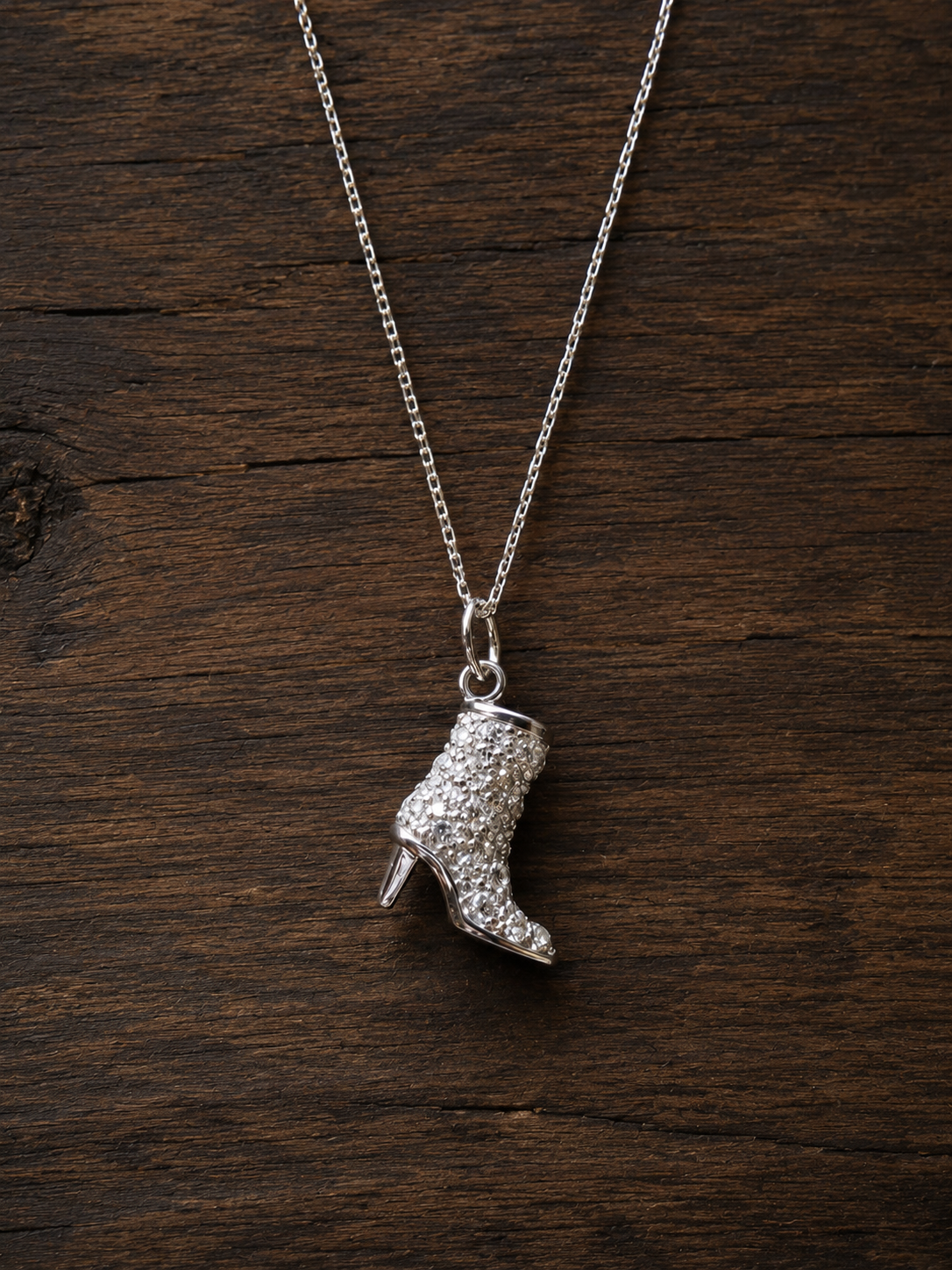 Sterling Silver Detailed CZ High Heel Cowboy Boot Pendant Necklace