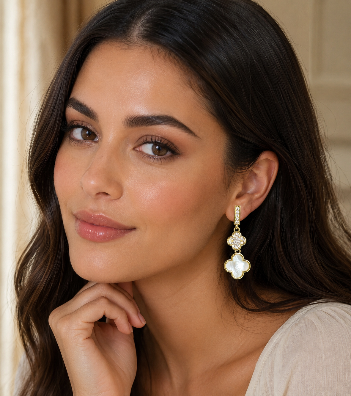 14k Gold Plated CZ Clover Dangle Post Earrings