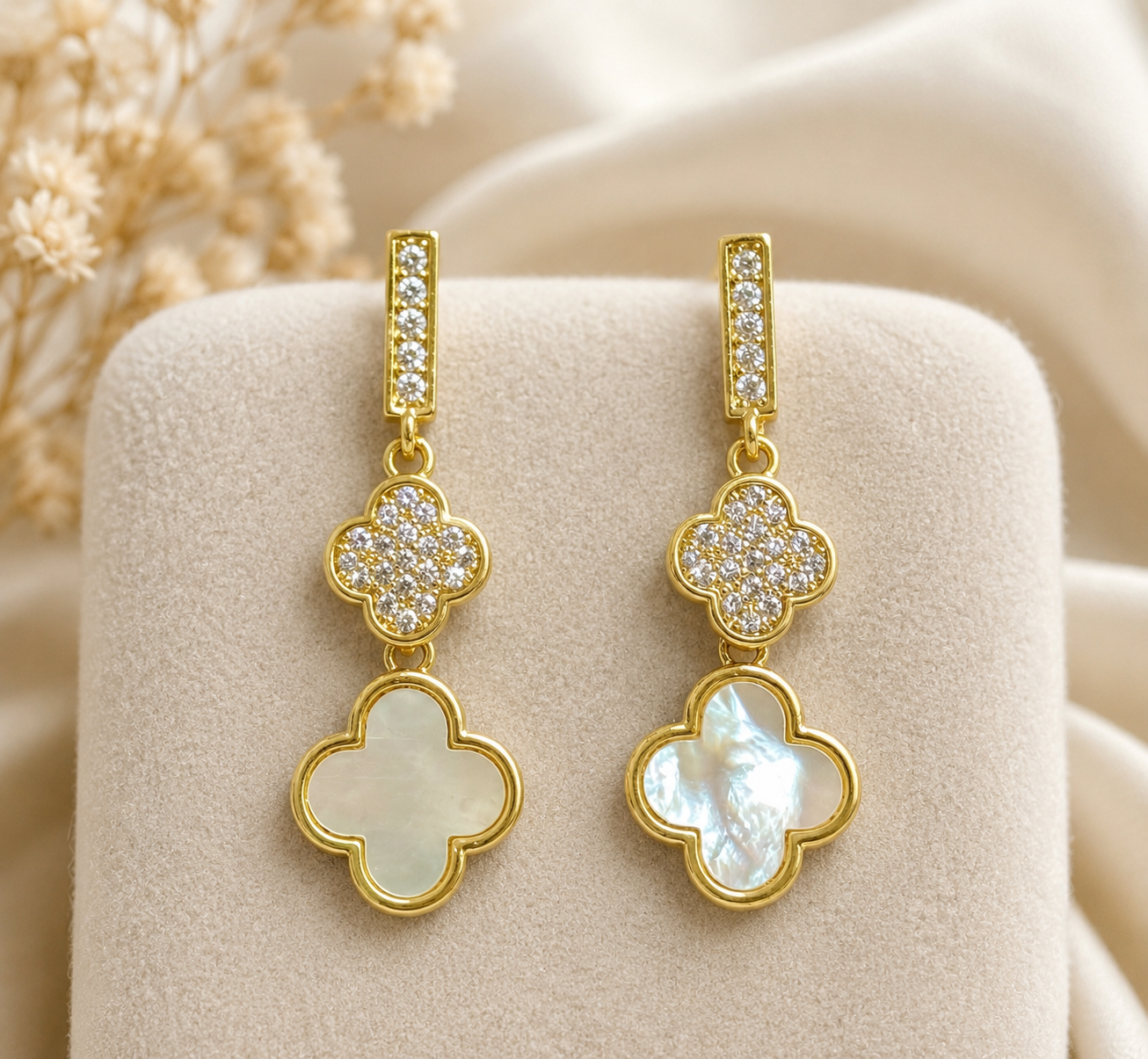14k Gold Plated CZ Clover Dangle Post Earrings