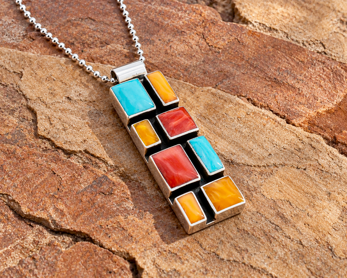 Multistone Slim Mosaic Sterling Silver Pendant Necklace