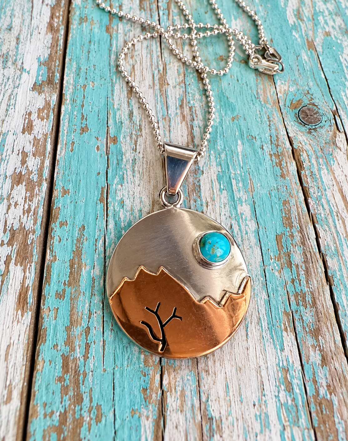 Copper Sunrise Turquoise Sterling Silver Pendant Necklace