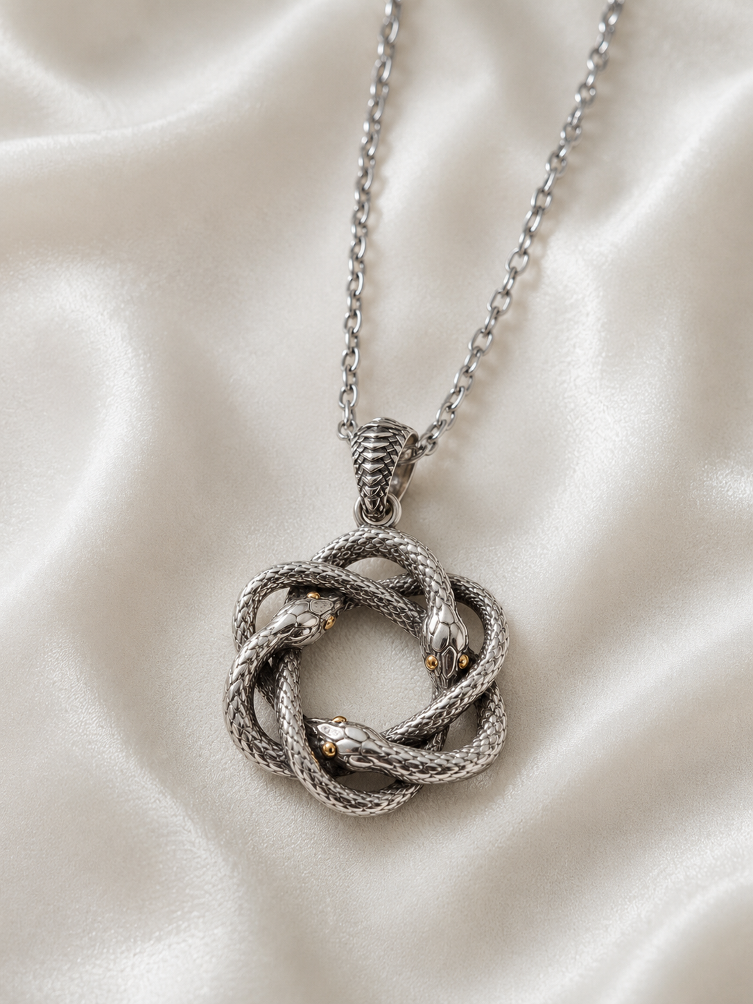 Sterling Silver Round Three Snakes Coiled Pendant With 18k Gold Accents