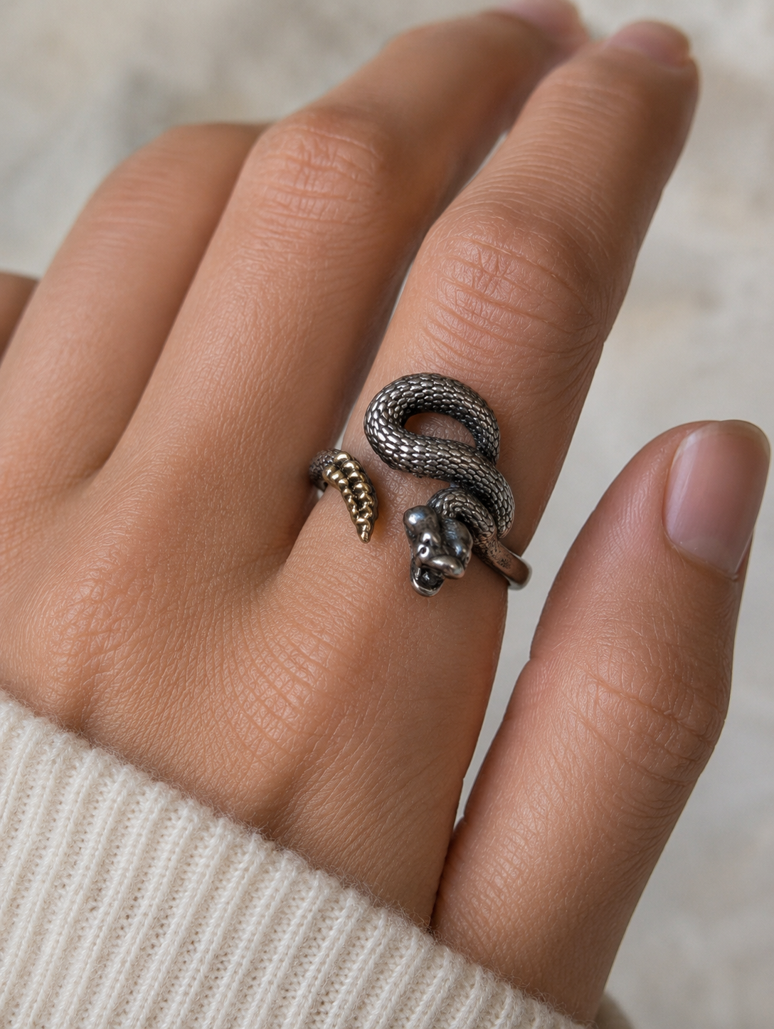 Oxidized Sterling Silver 18k Gold Coiled Rattlesnake Ring