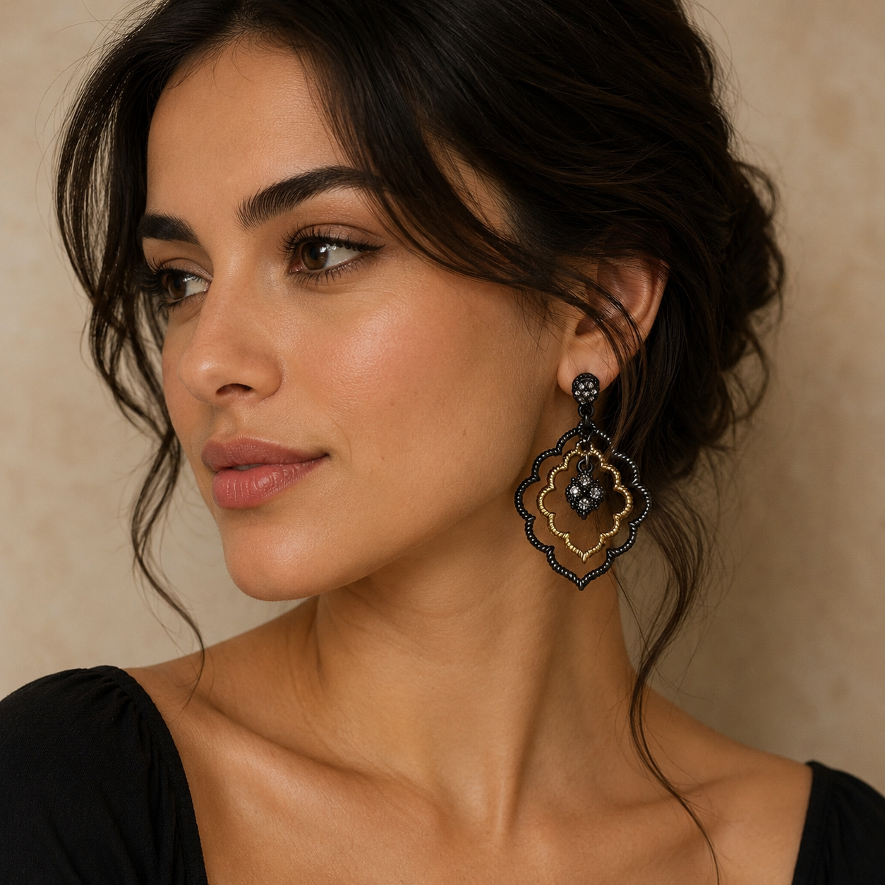 14k Gold Plated CZ Floating Hem Black Dangle Earrings