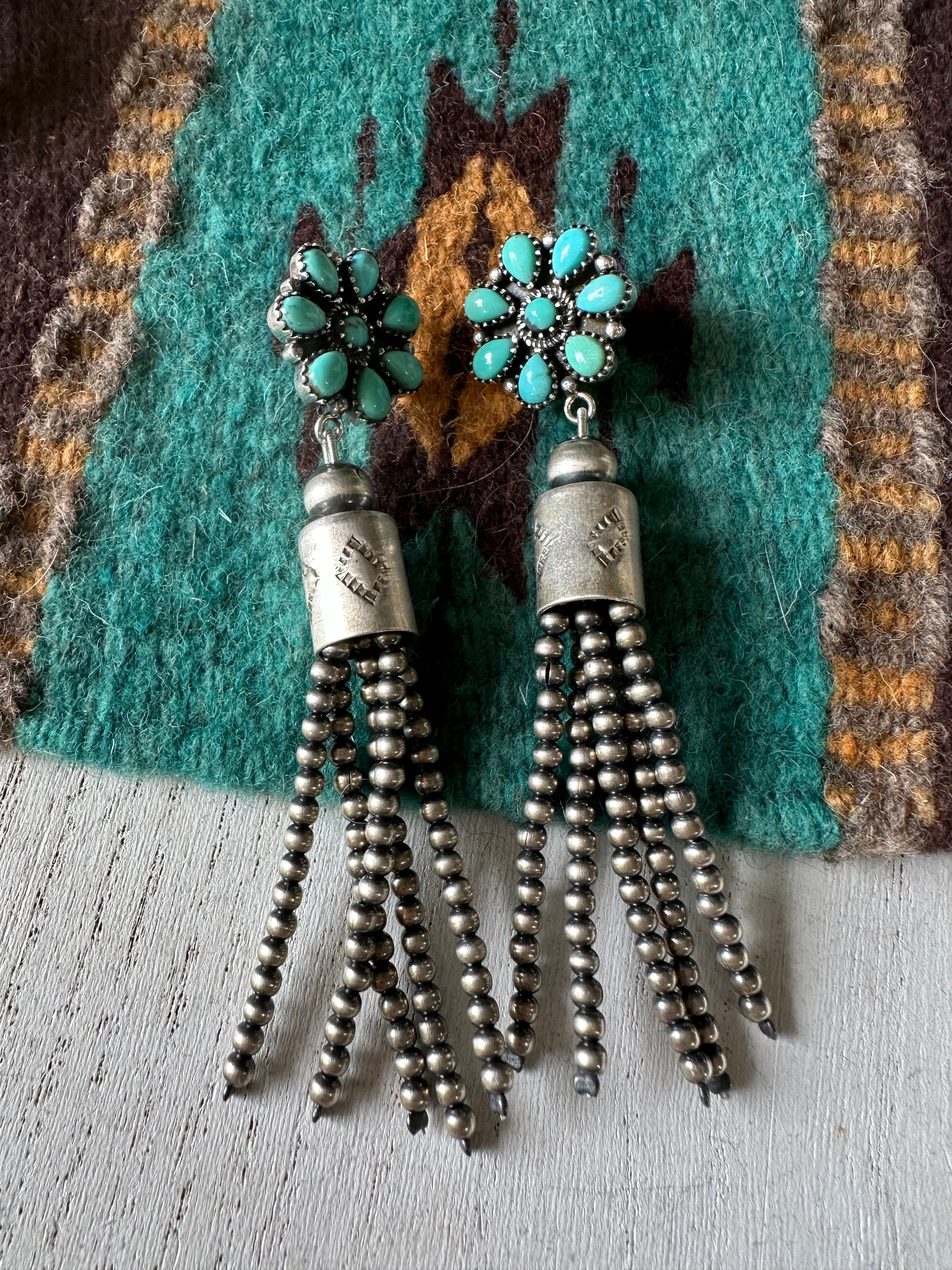 Handmade Sterling Silver Tassel Turquoise Flower Dangle Earrings Signed Nizhoni