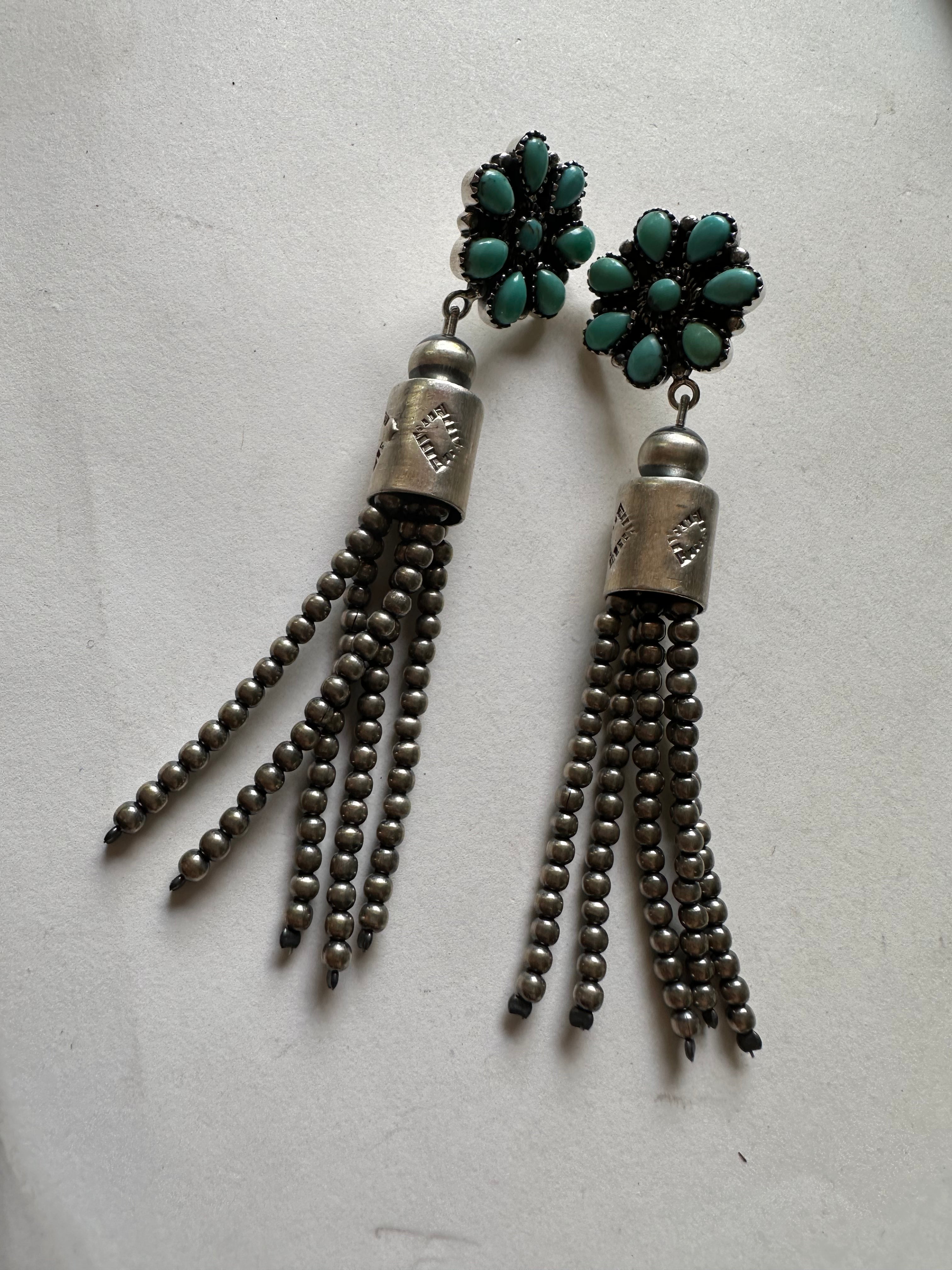 Handmade Sterling Silver Tassel Turquoise Flower Dangle Earrings Signed Nizhoni